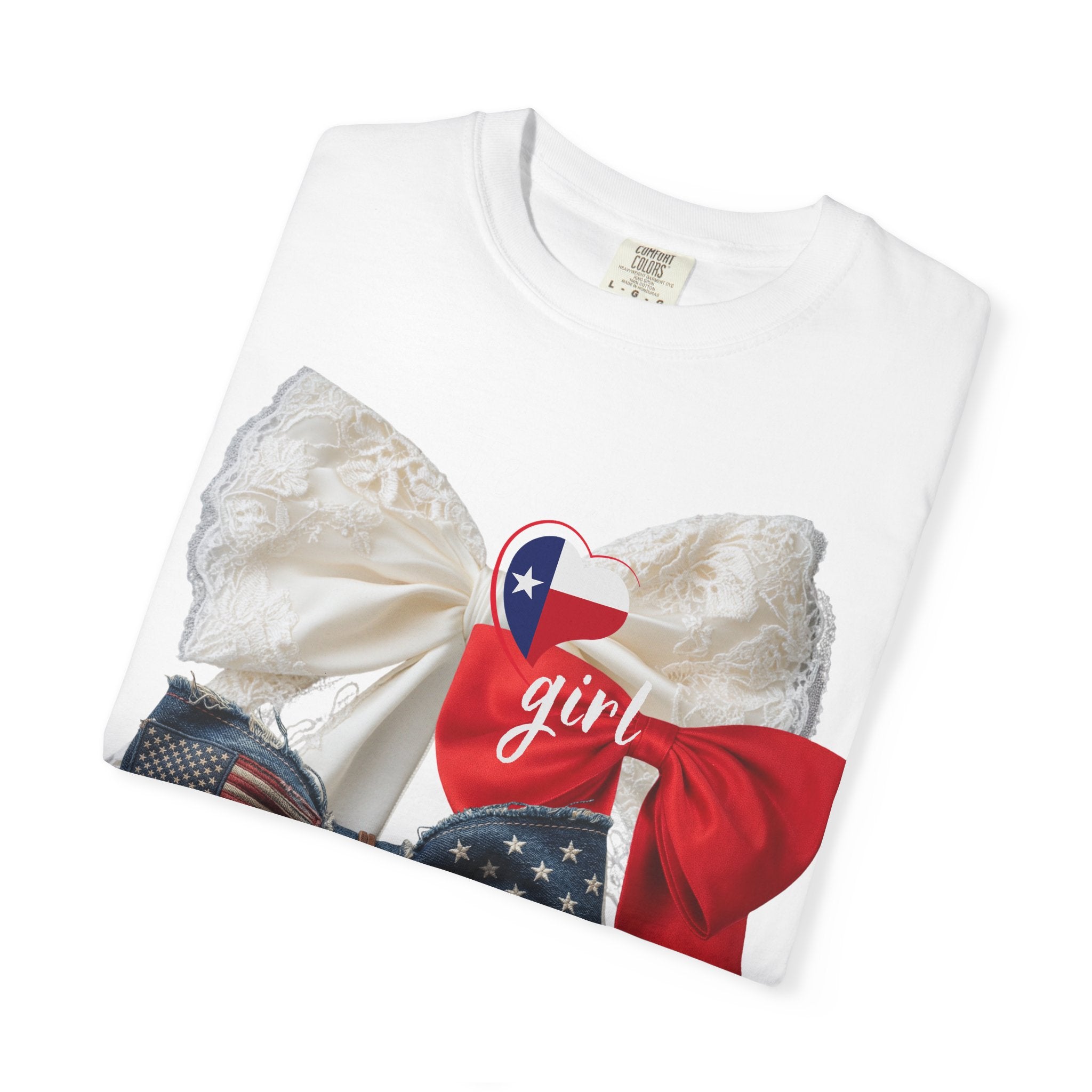 Patriotic Lace Bow T‑Shirt — 'girl' Red, White & Blue Graphic