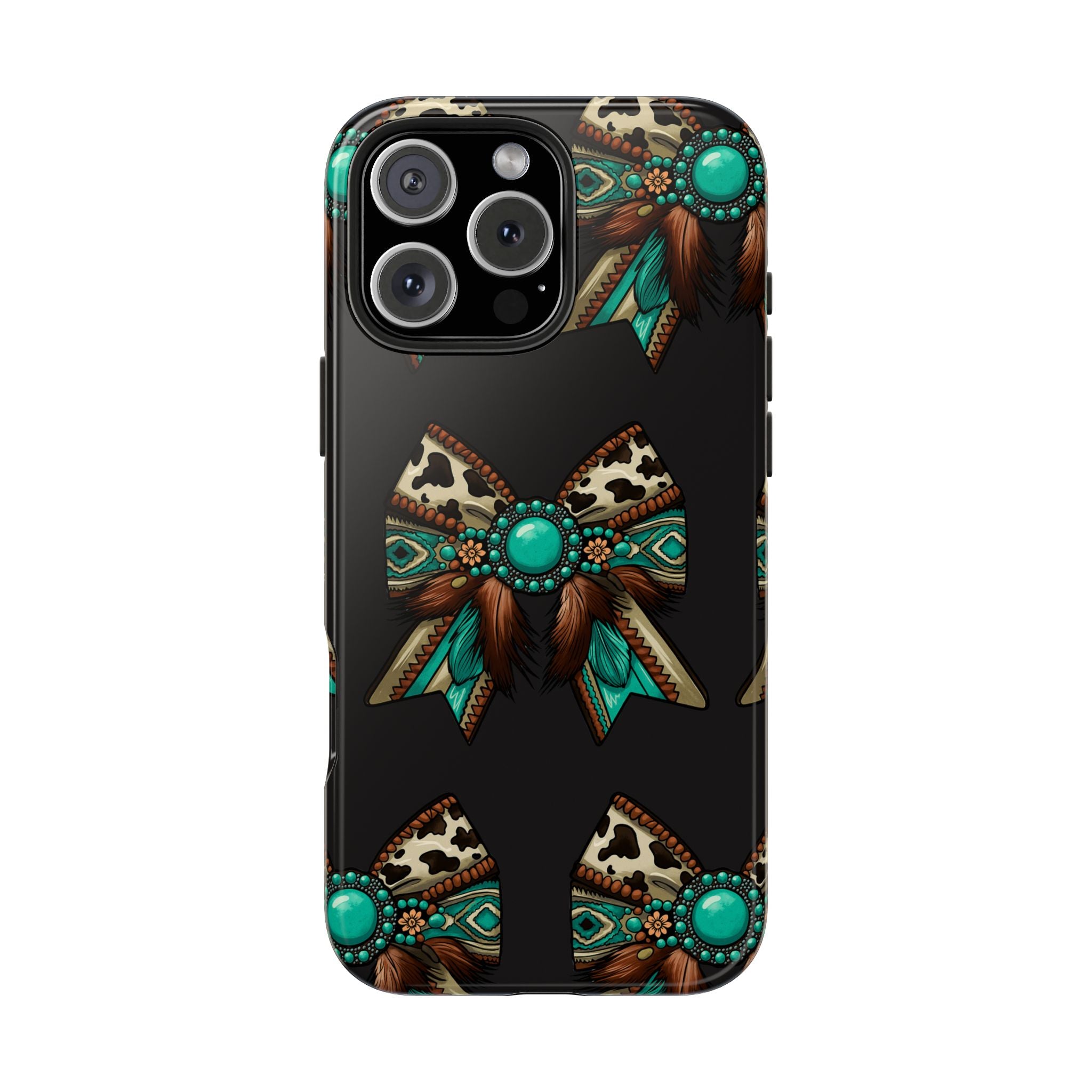 Turquoise Western Bow Tough Phone Case – Cowhide, Feathers & Bead Pattern