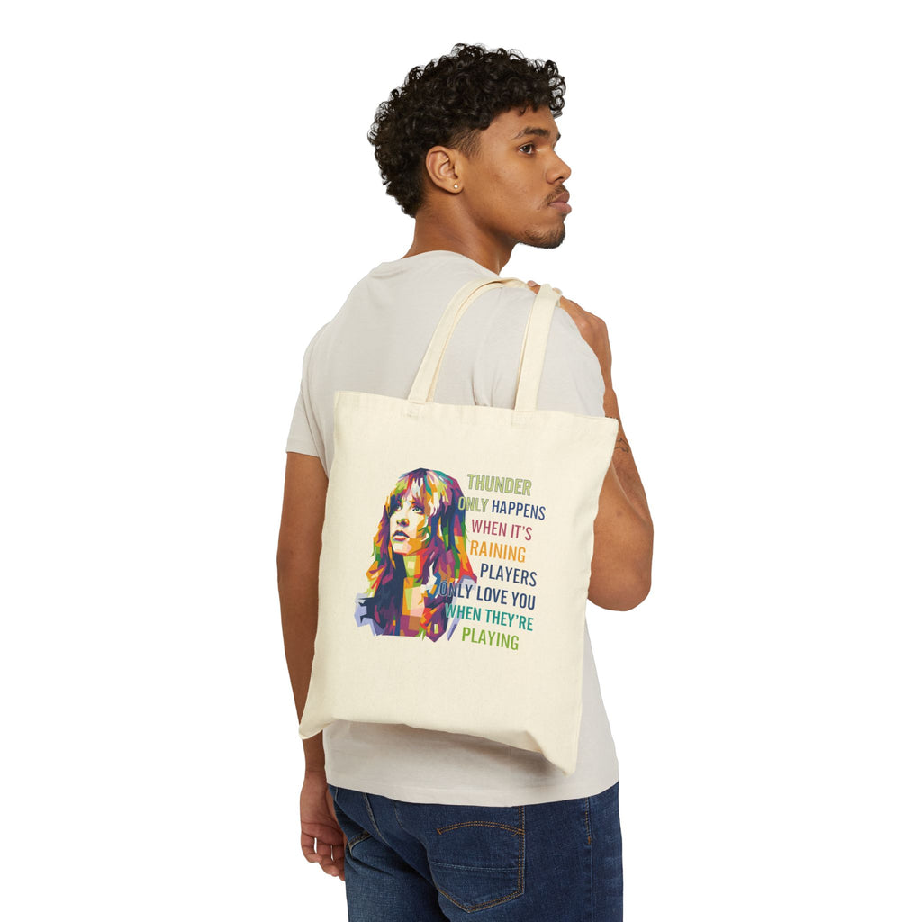 Tote Bag — Colorful Retro Portrait with 'Thunder Only Happens...' Lyric Quote