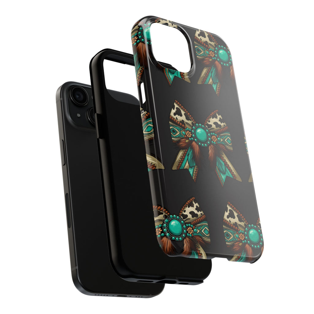 Turquoise Western Bow Tough Phone Case – Cowhide, Feathers & Bead Pattern