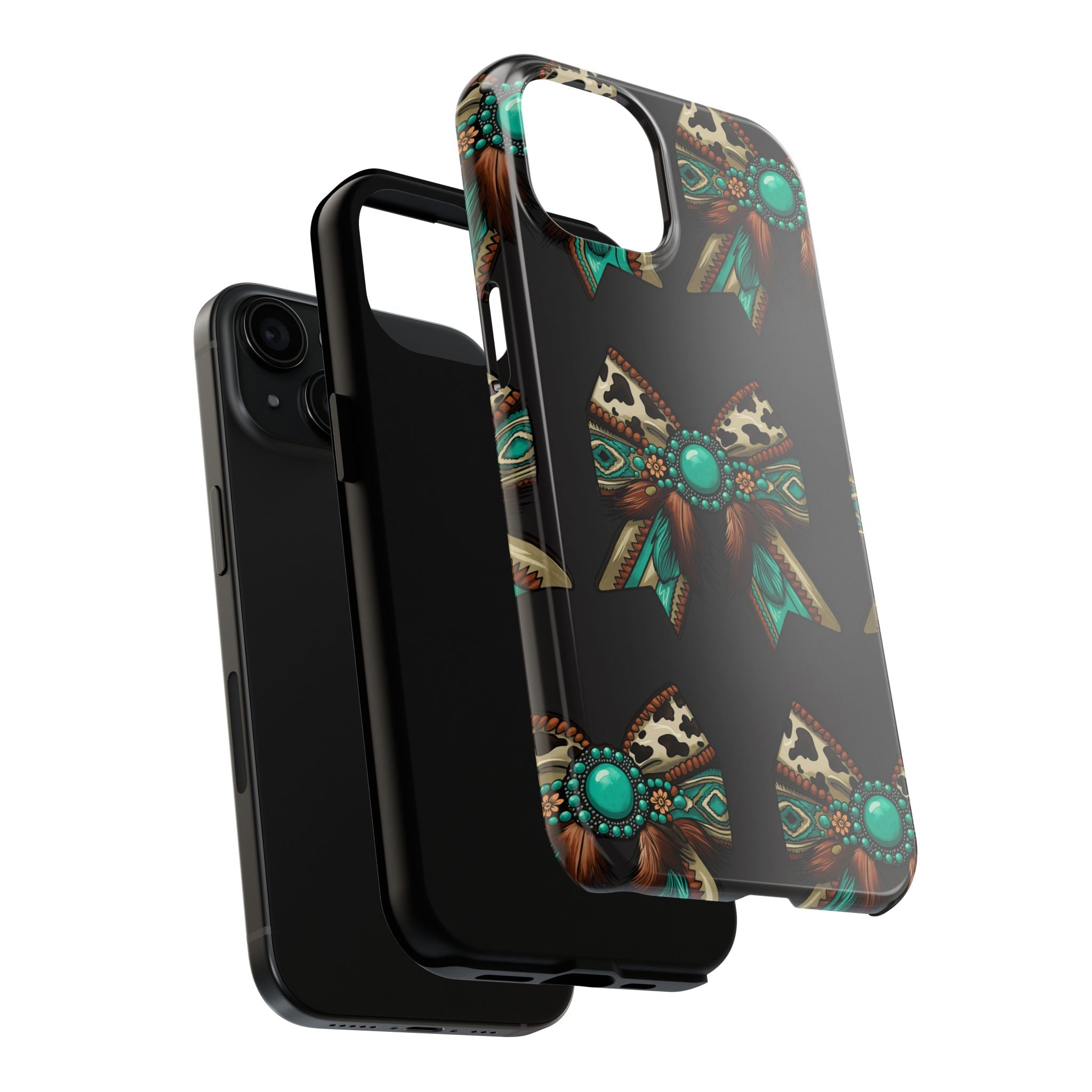 Turquoise Western Bow Tough Phone Case – Cowhide, Feathers & Bead Pattern