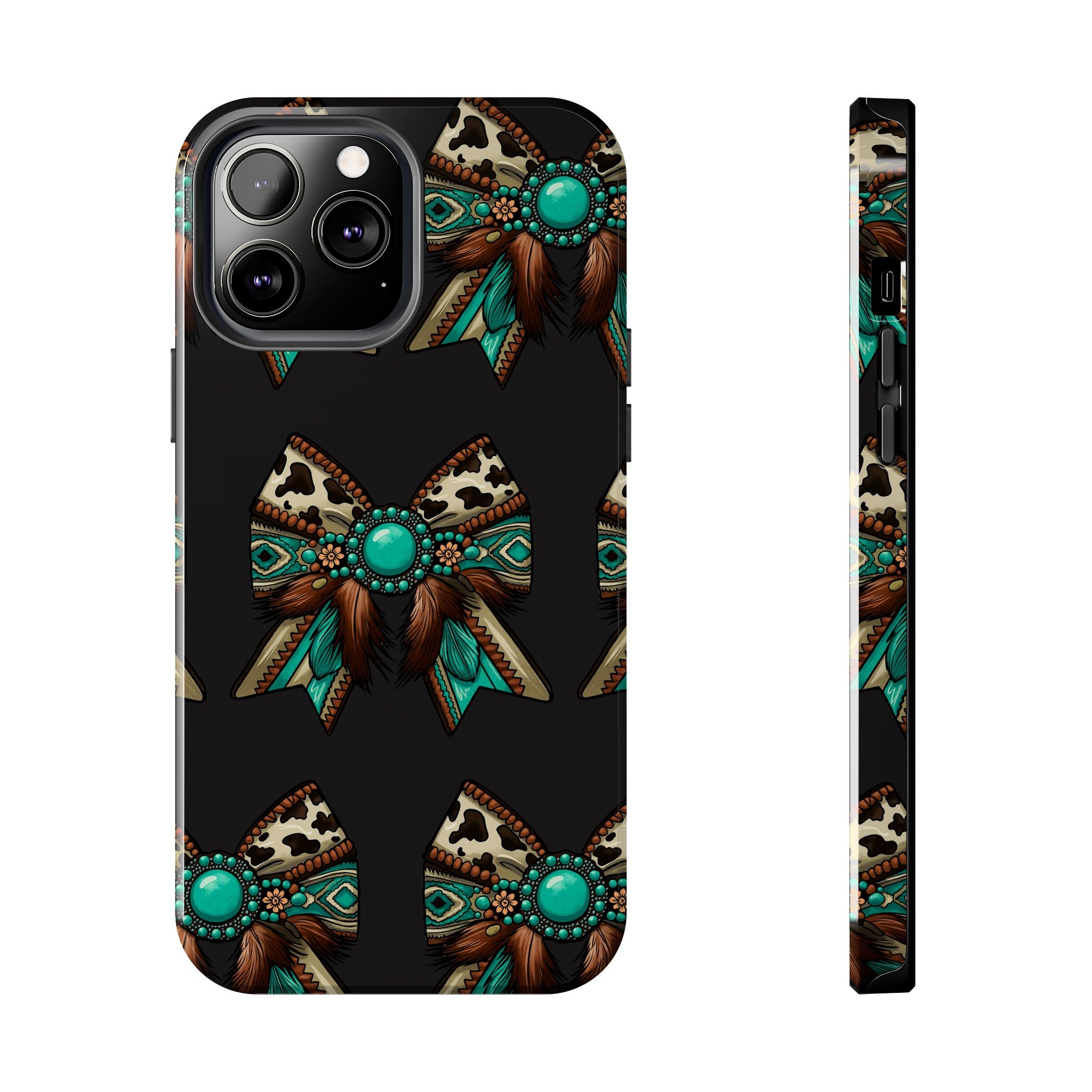 Turquoise Western Bow Tough Phone Case – Cowhide, Feathers & Bead Pattern