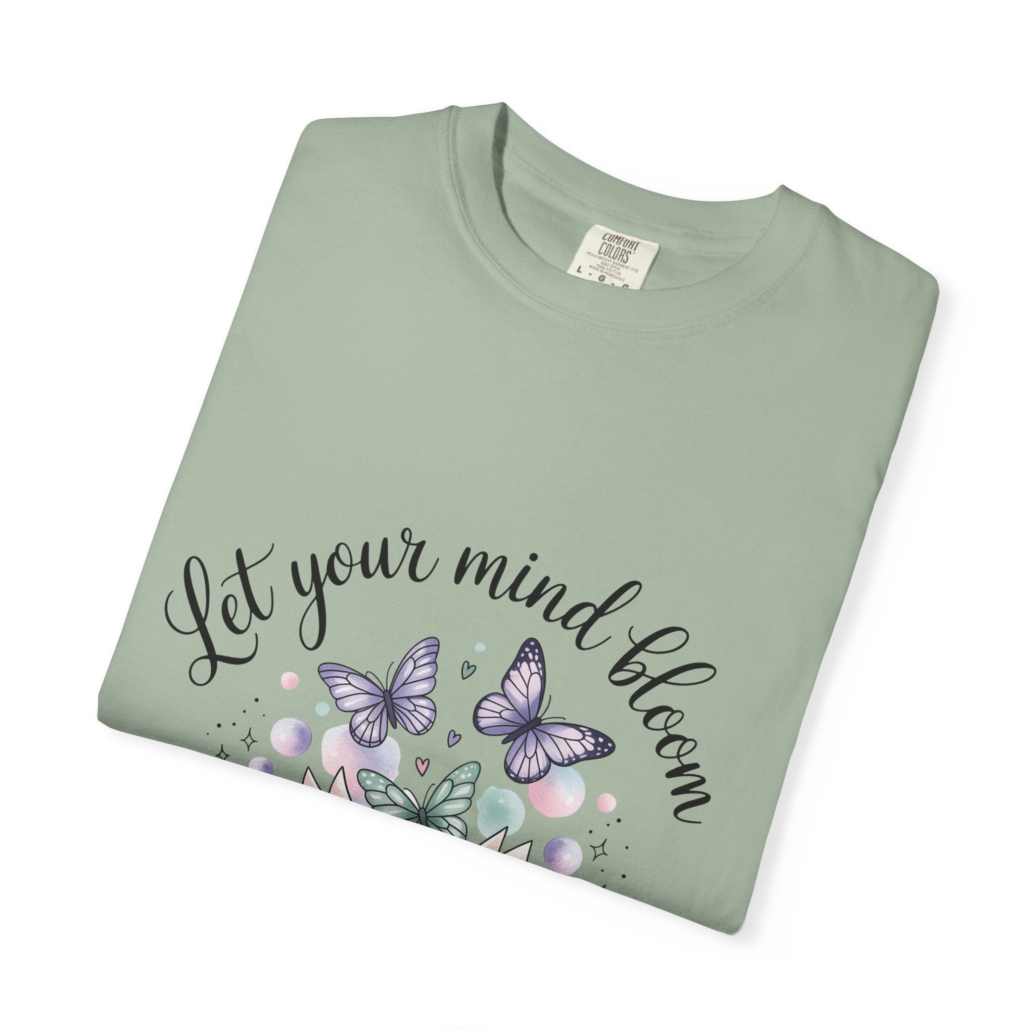 T-Shirt — “Let Your Mind Bloom” Book & Butterflies Graphic Tee