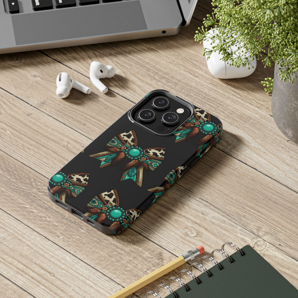 Turquoise Western Bow Tough Phone Case – Cowhide, Feathers & Bead Pattern