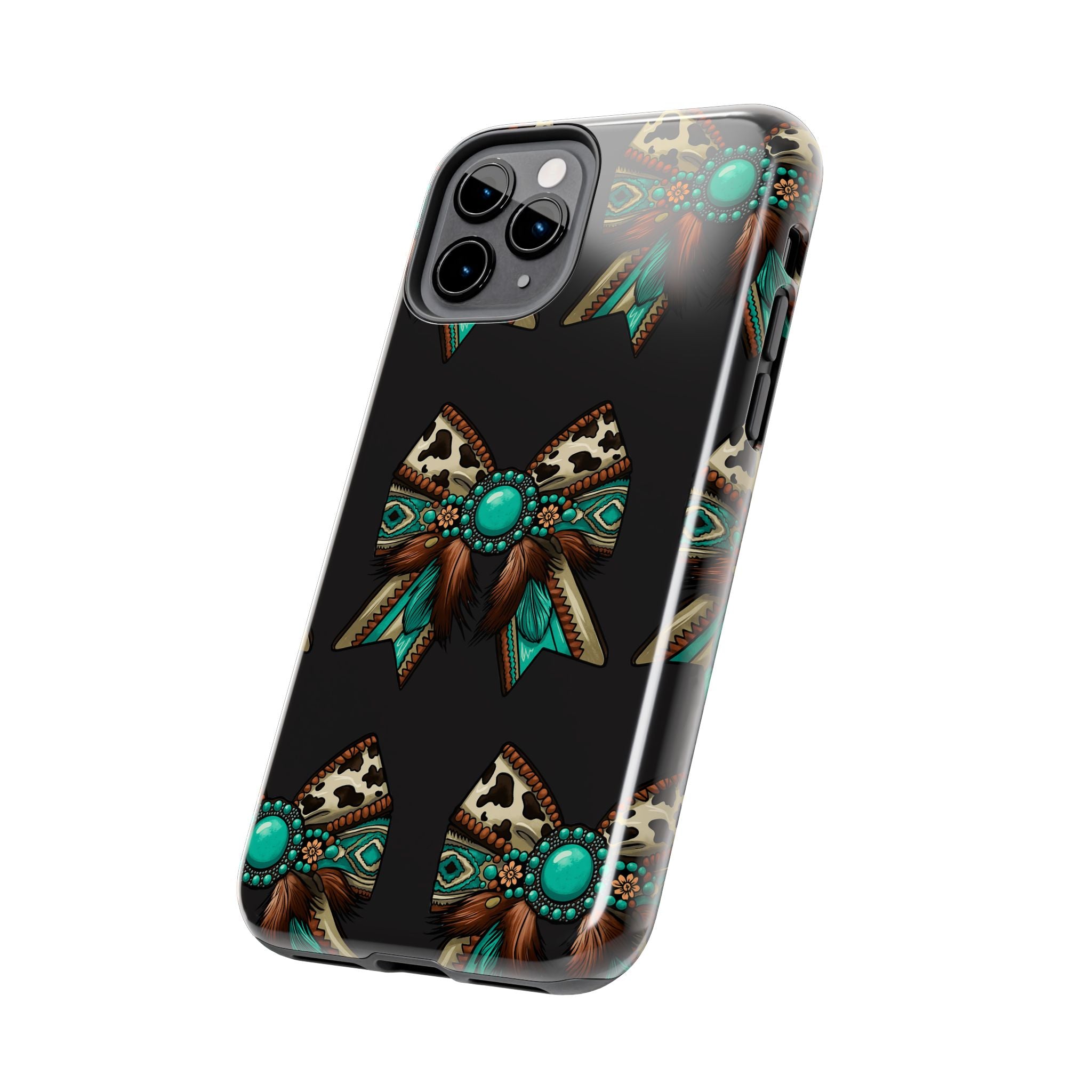 Turquoise Western Bow Tough Phone Case – Cowhide, Feathers & Bead Pattern