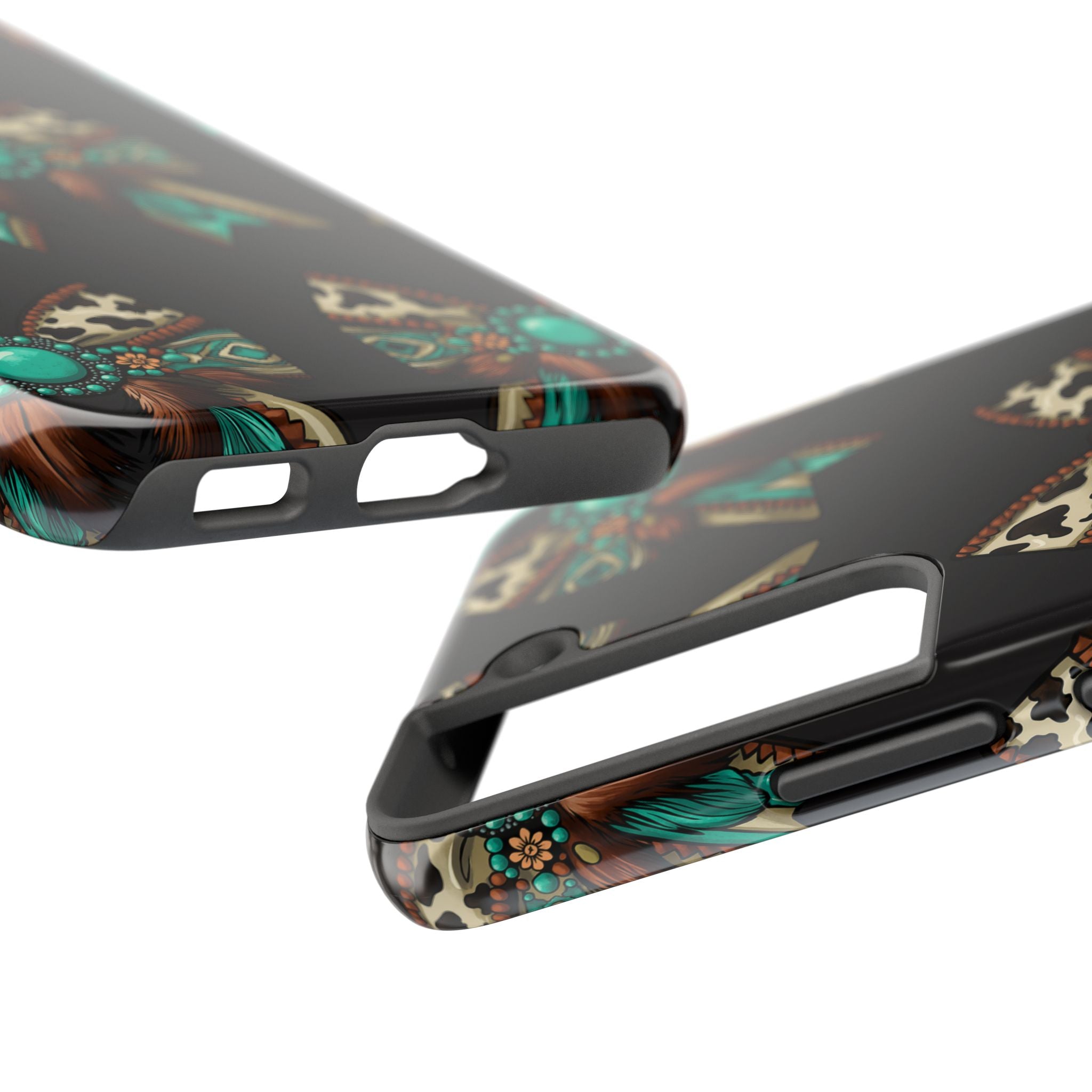 Turquoise Western Bow Tough Phone Case – Cowhide, Feathers & Bead Pattern