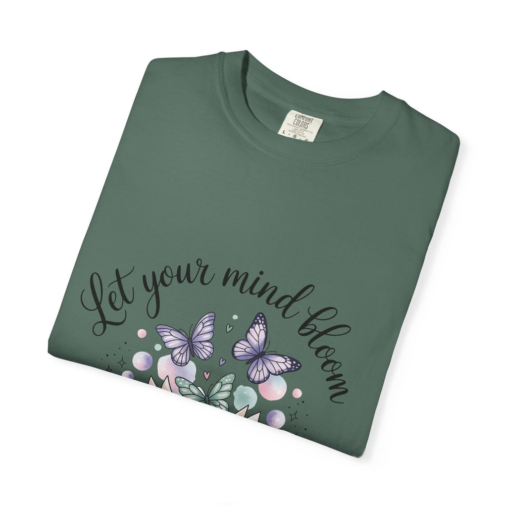 T-Shirt — “Let Your Mind Bloom” Book & Butterflies Graphic Tee