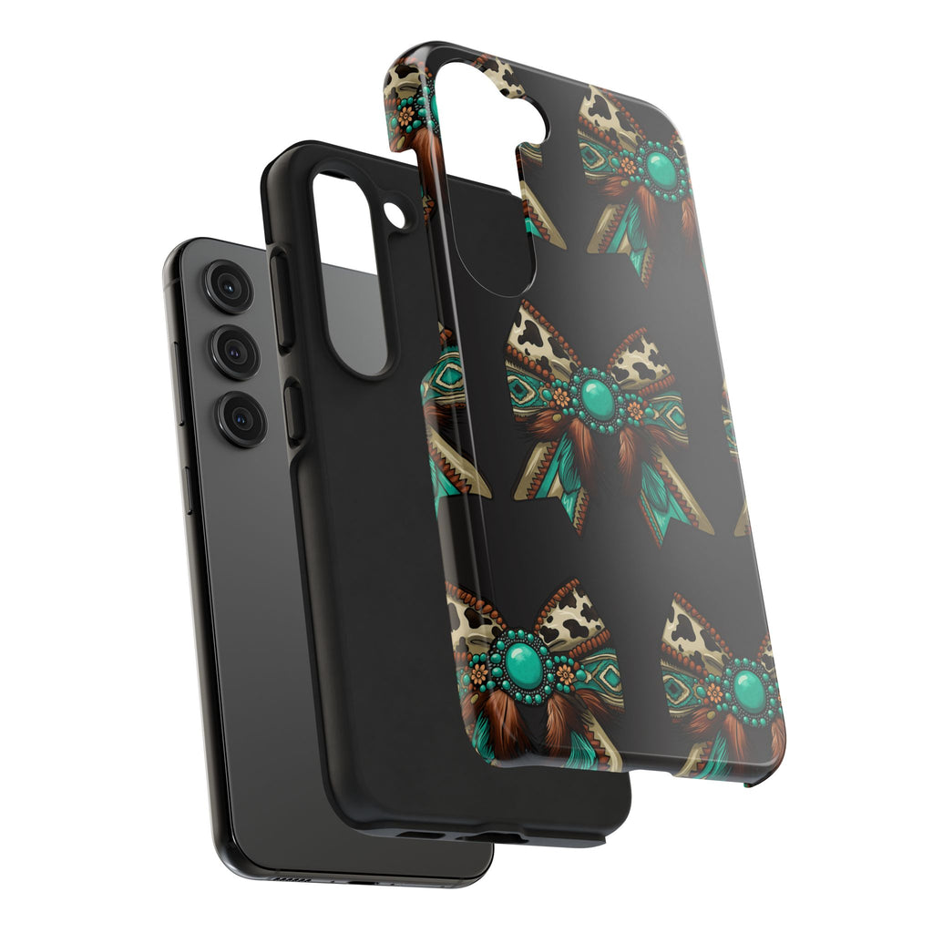 Turquoise Western Bow Tough Phone Case – Cowhide, Feathers & Bead Pattern