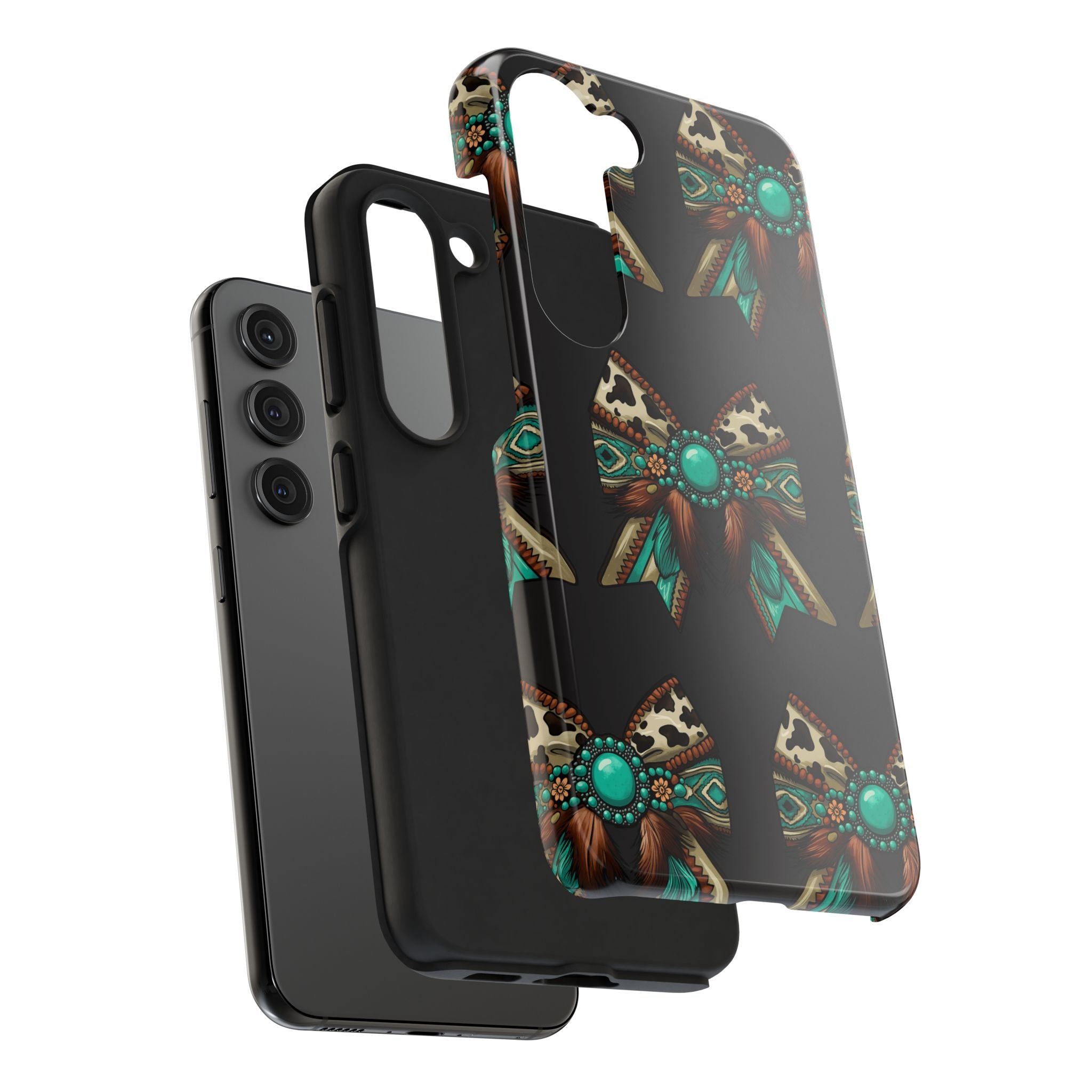 Turquoise Western Bow Tough Phone Case – Cowhide, Feathers & Bead Pattern