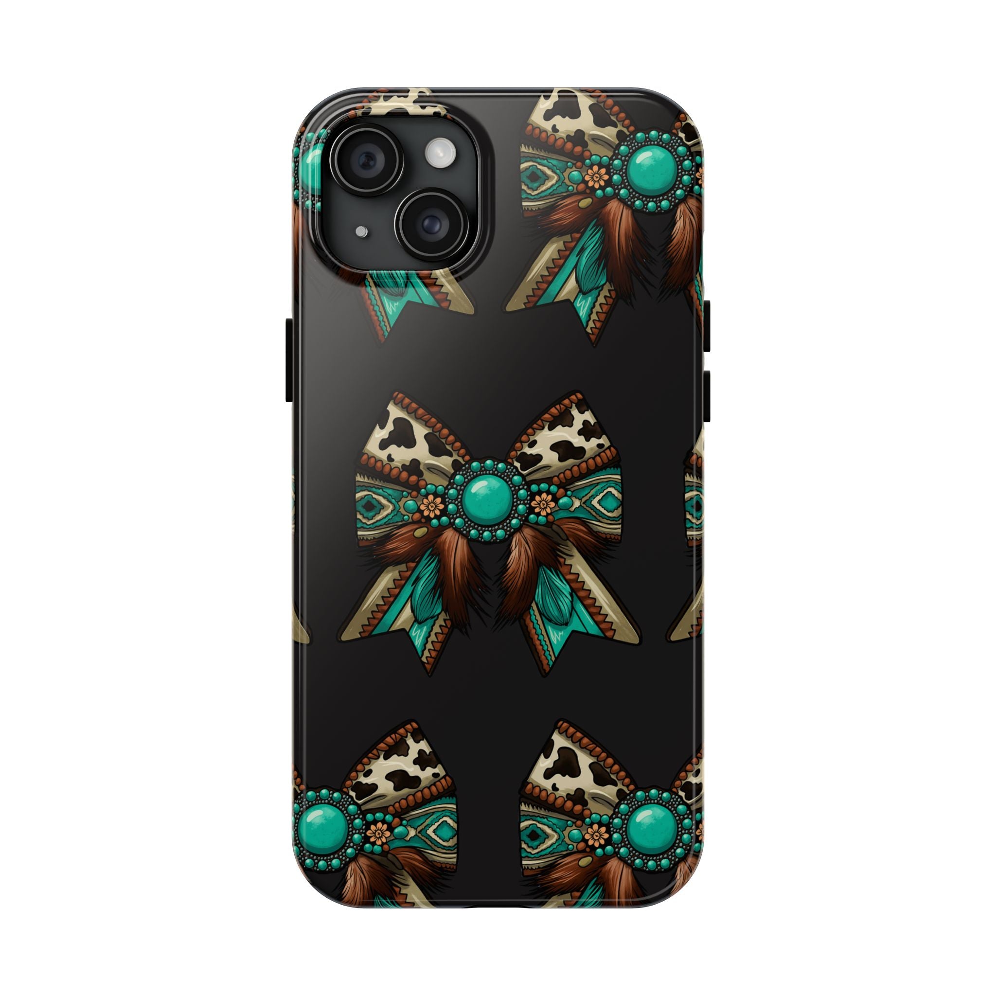 Turquoise Western Bow Tough Phone Case – Cowhide, Feathers & Bead Pattern