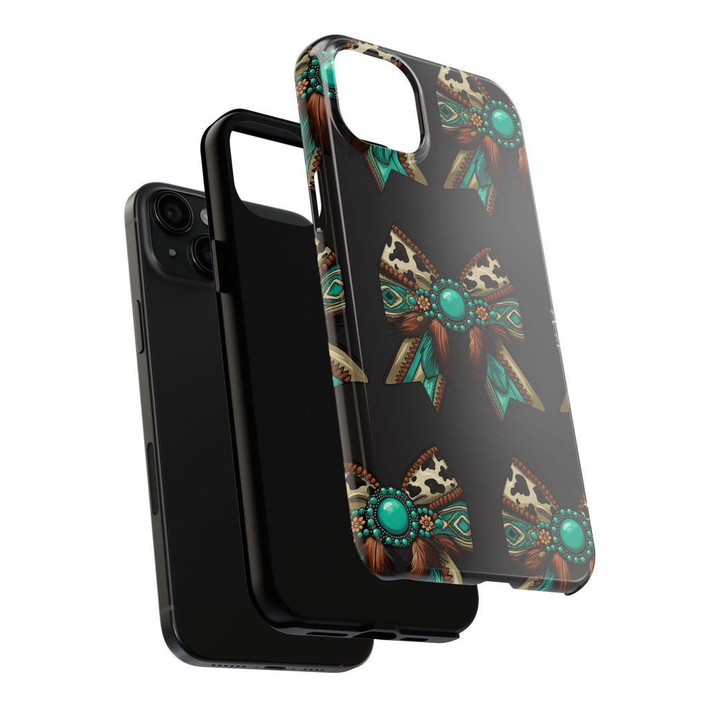 Turquoise Western Bow Tough Phone Case – Cowhide, Feathers & Bead Pattern