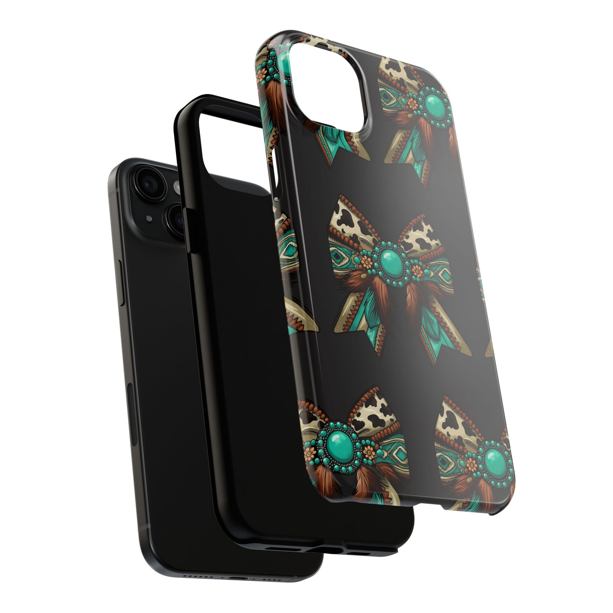 Turquoise Western Bow Tough Phone Case – Cowhide, Feathers & Bead Pattern