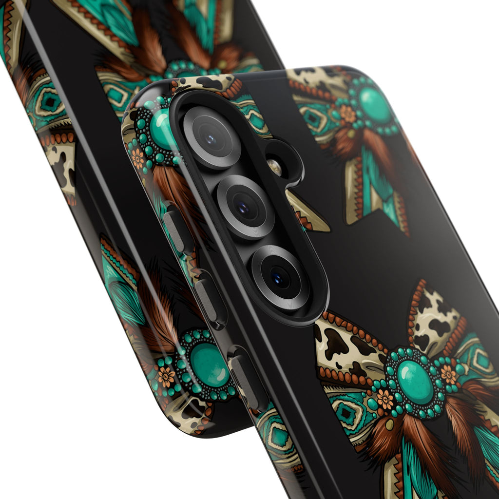 Turquoise Western Bow Tough Phone Case – Cowhide, Feathers & Bead Pattern
