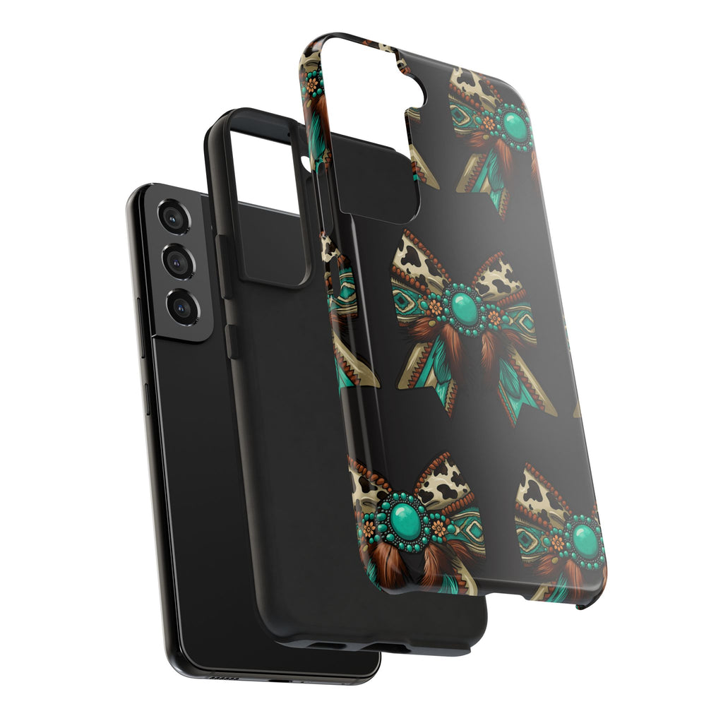 Turquoise Western Bow Tough Phone Case – Cowhide, Feathers & Bead Pattern