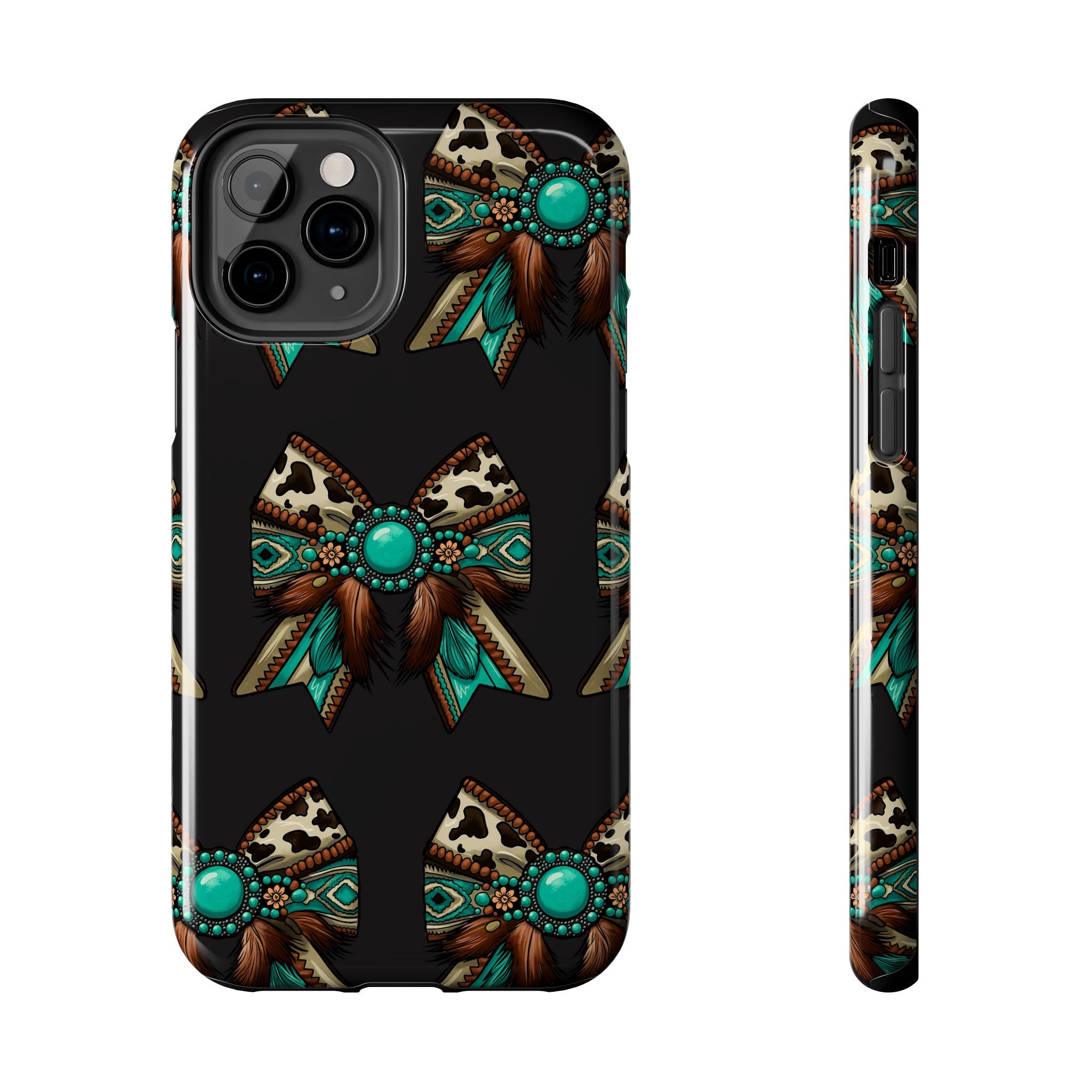 Turquoise Western Bow Tough Phone Case – Cowhide, Feathers & Bead Pattern