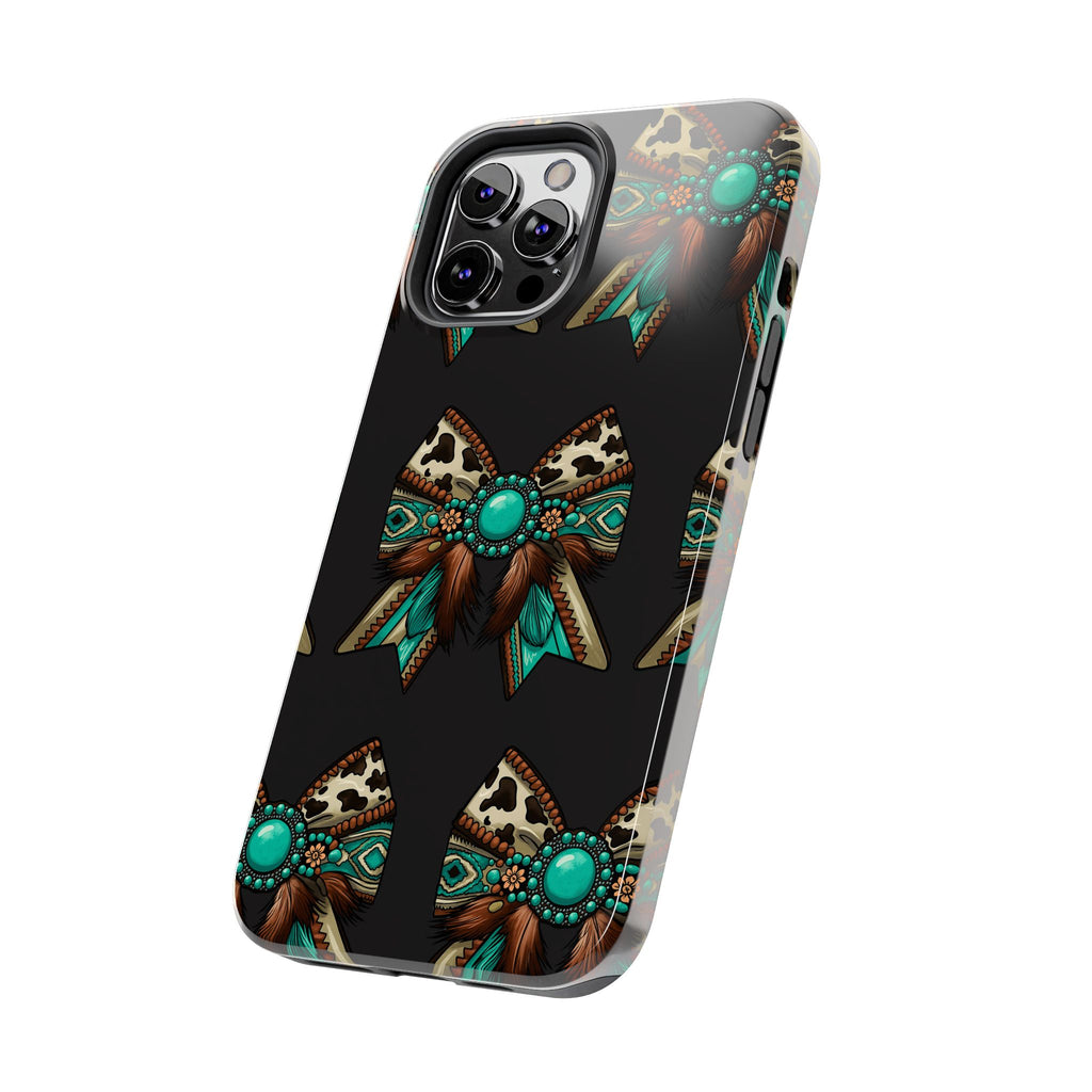 Turquoise Western Bow Tough Phone Case – Cowhide, Feathers & Bead Pattern