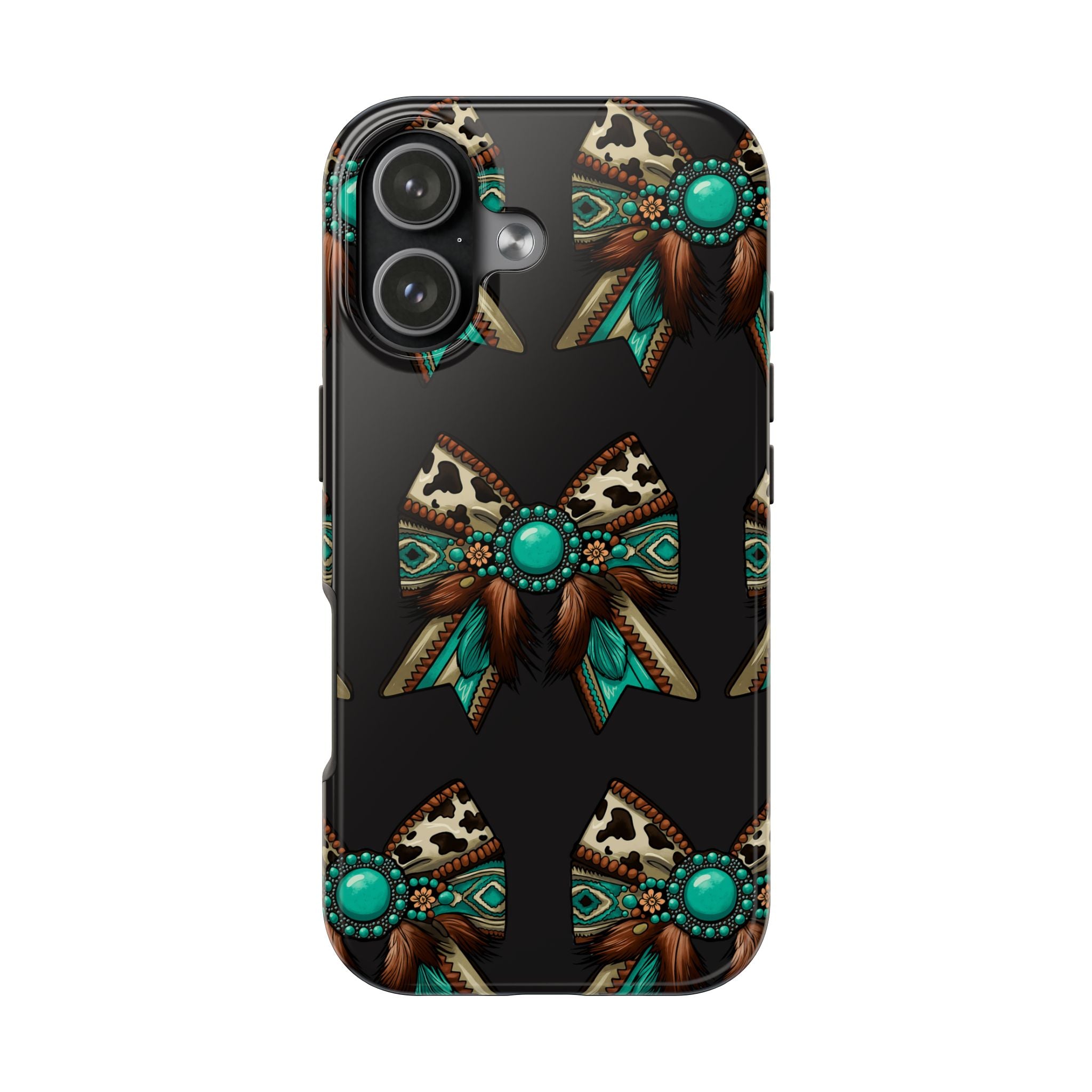 Turquoise Western Bow Tough Phone Case – Cowhide, Feathers & Bead Pattern
