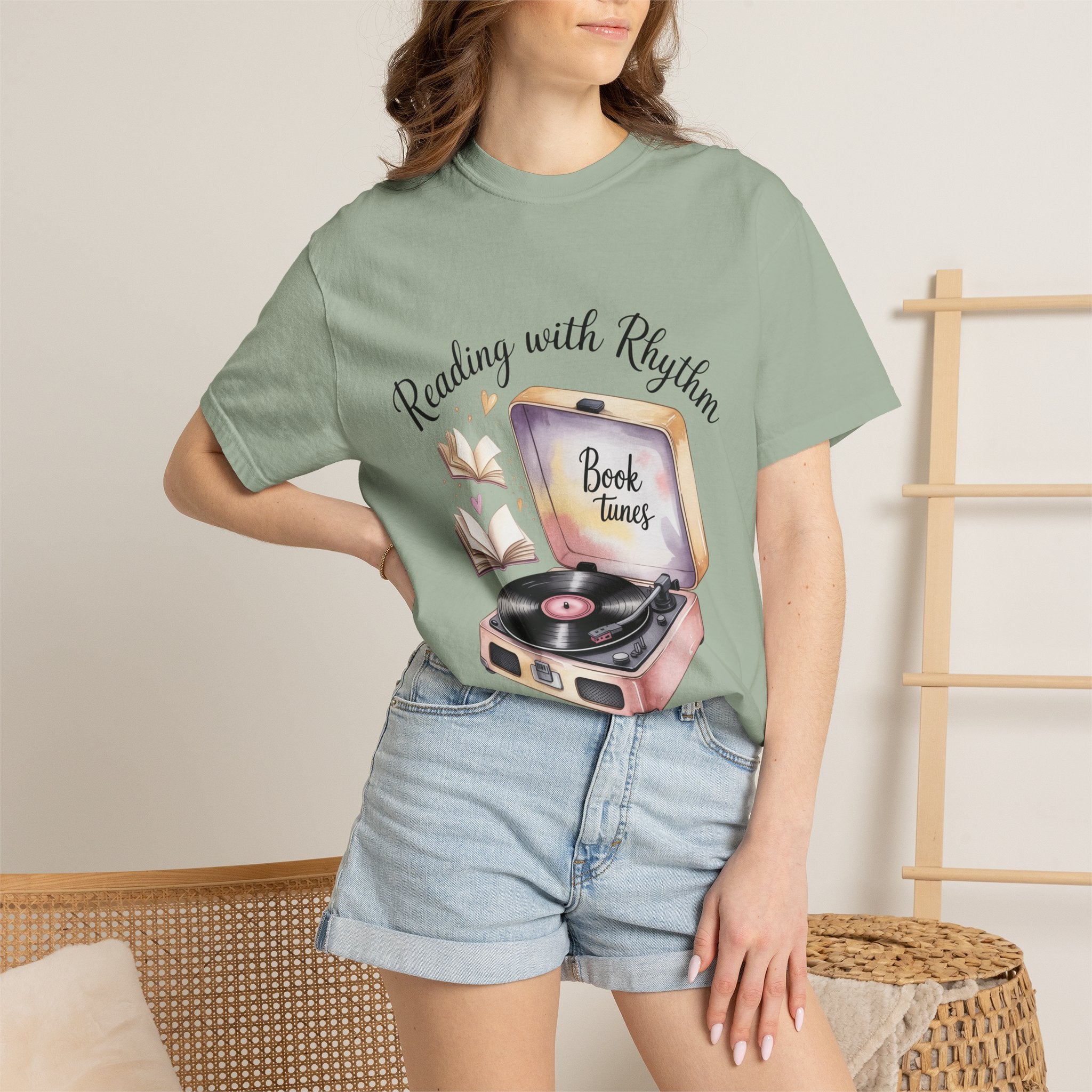 Reading with Rhythm T‑Shirt — Book Tunes Record Player Tee