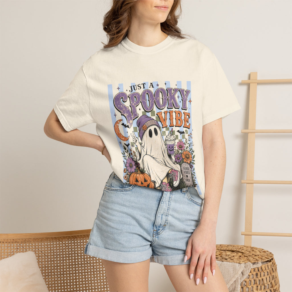 Spooky Vibe Ghost Tee — Halloween Pumpkin Graveyard Graphic T-Shirt