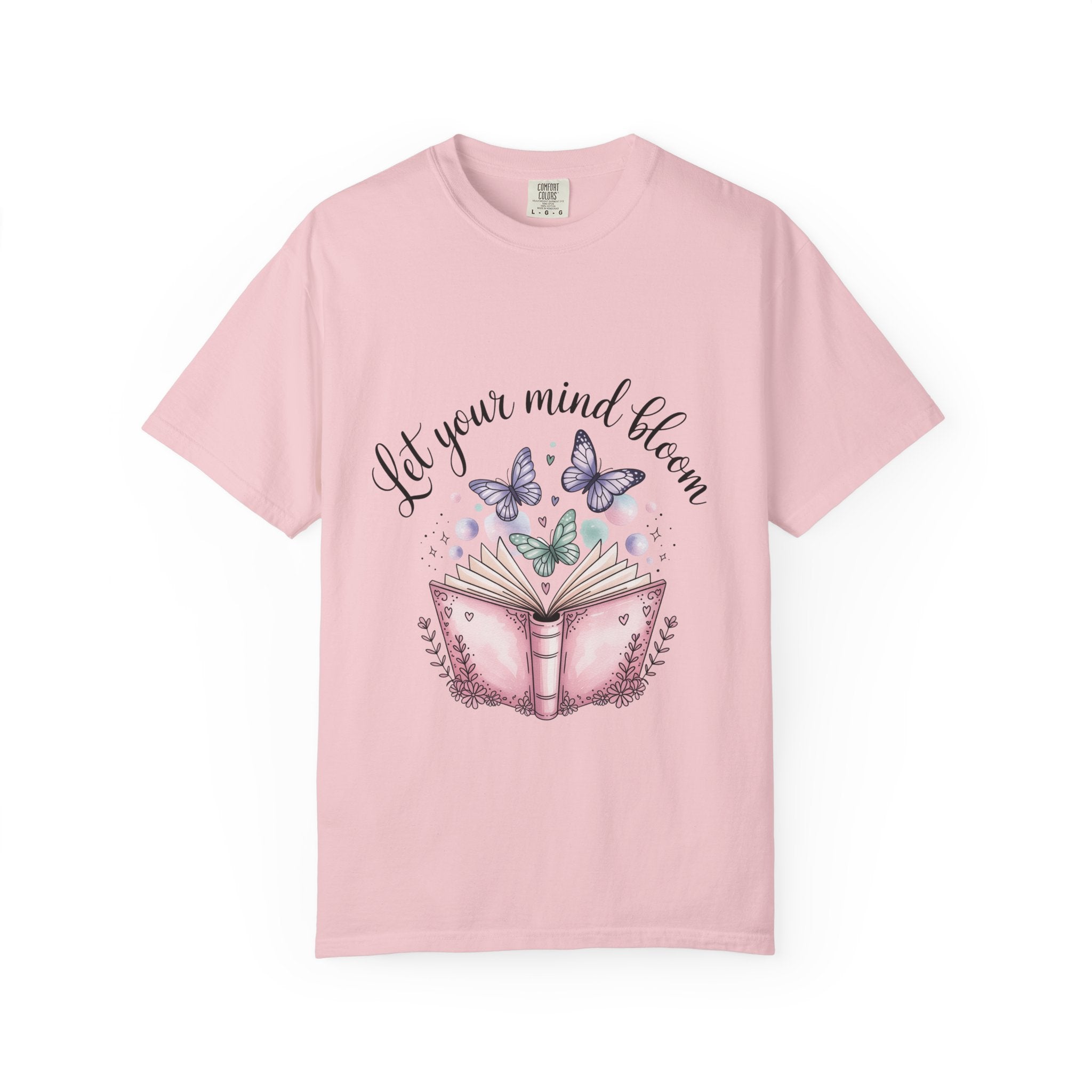 T-Shirt — “Let Your Mind Bloom” Book & Butterflies Graphic Tee