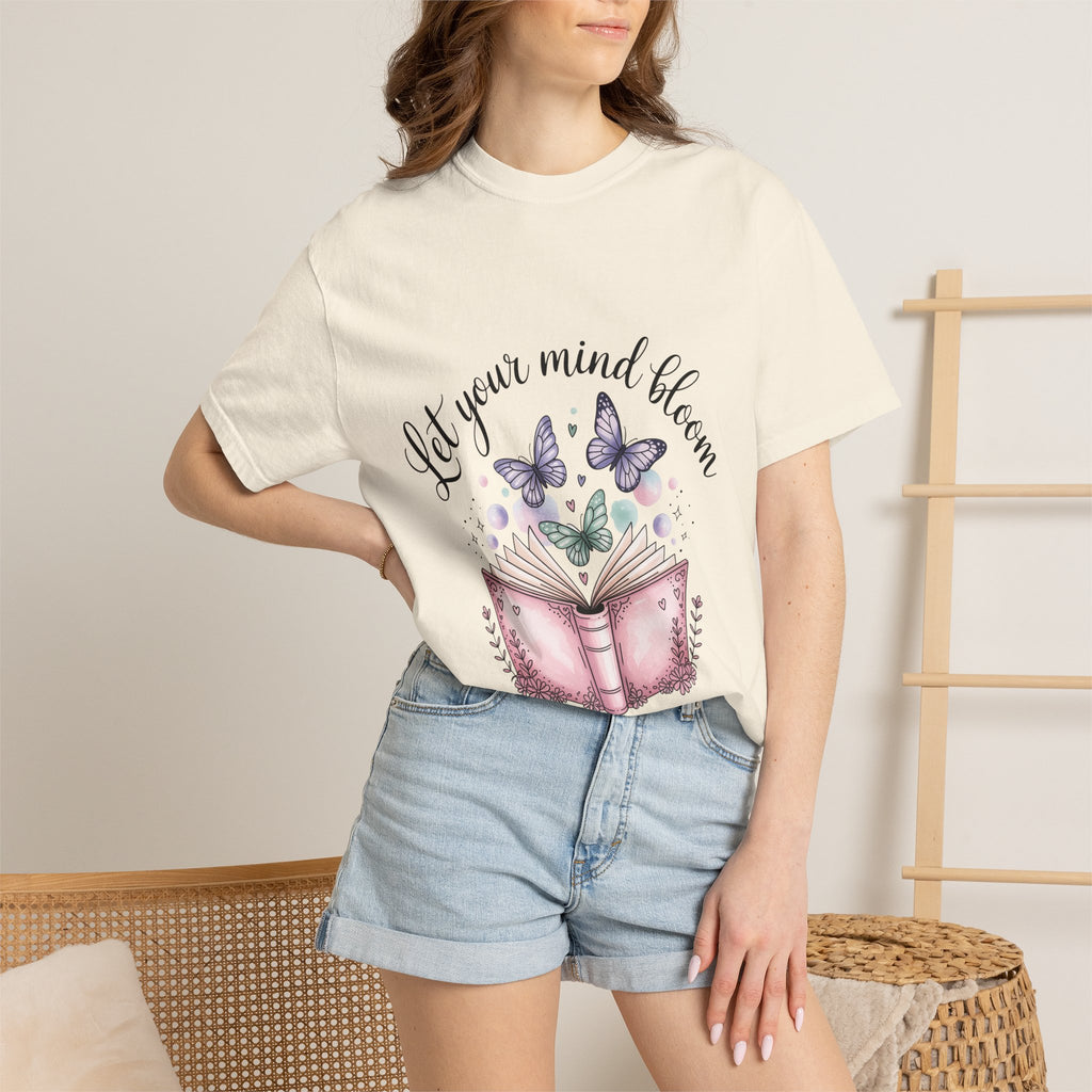 T-Shirt — “Let Your Mind Bloom” Book & Butterflies Graphic Tee