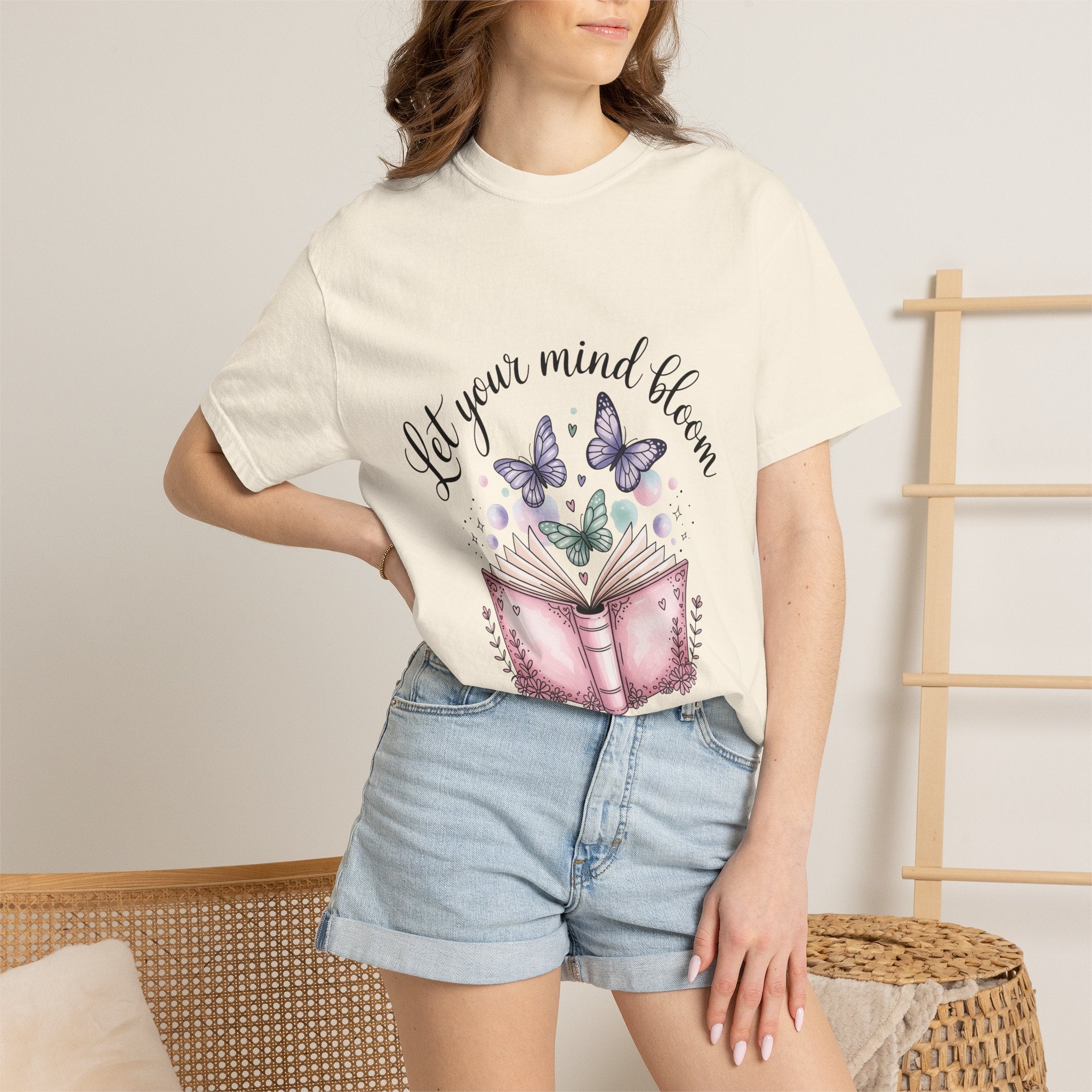 T-Shirt — “Let Your Mind Bloom” Book & Butterflies Graphic Tee