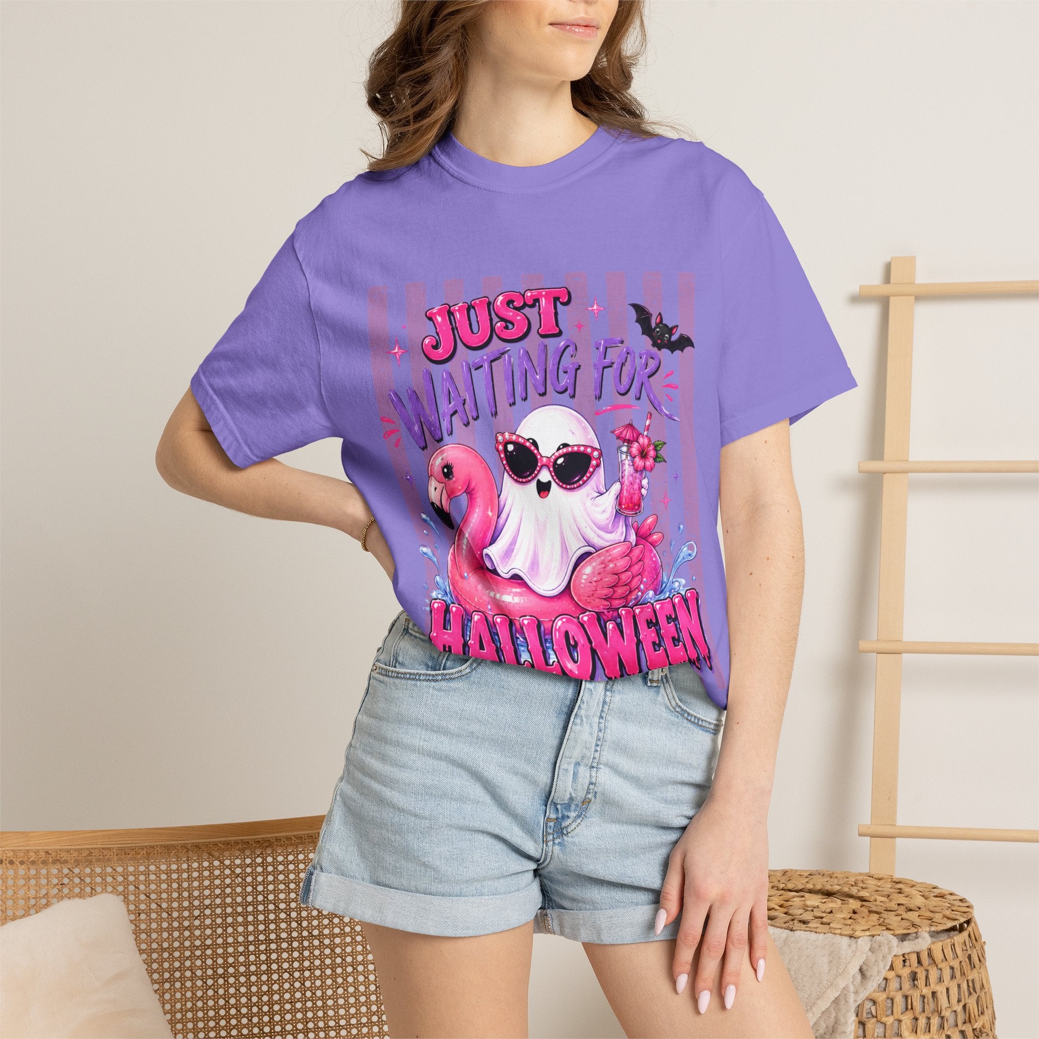 Just Waiting for Halloween T-Shirt — Cute Flamingo Ghost Halloween Tee