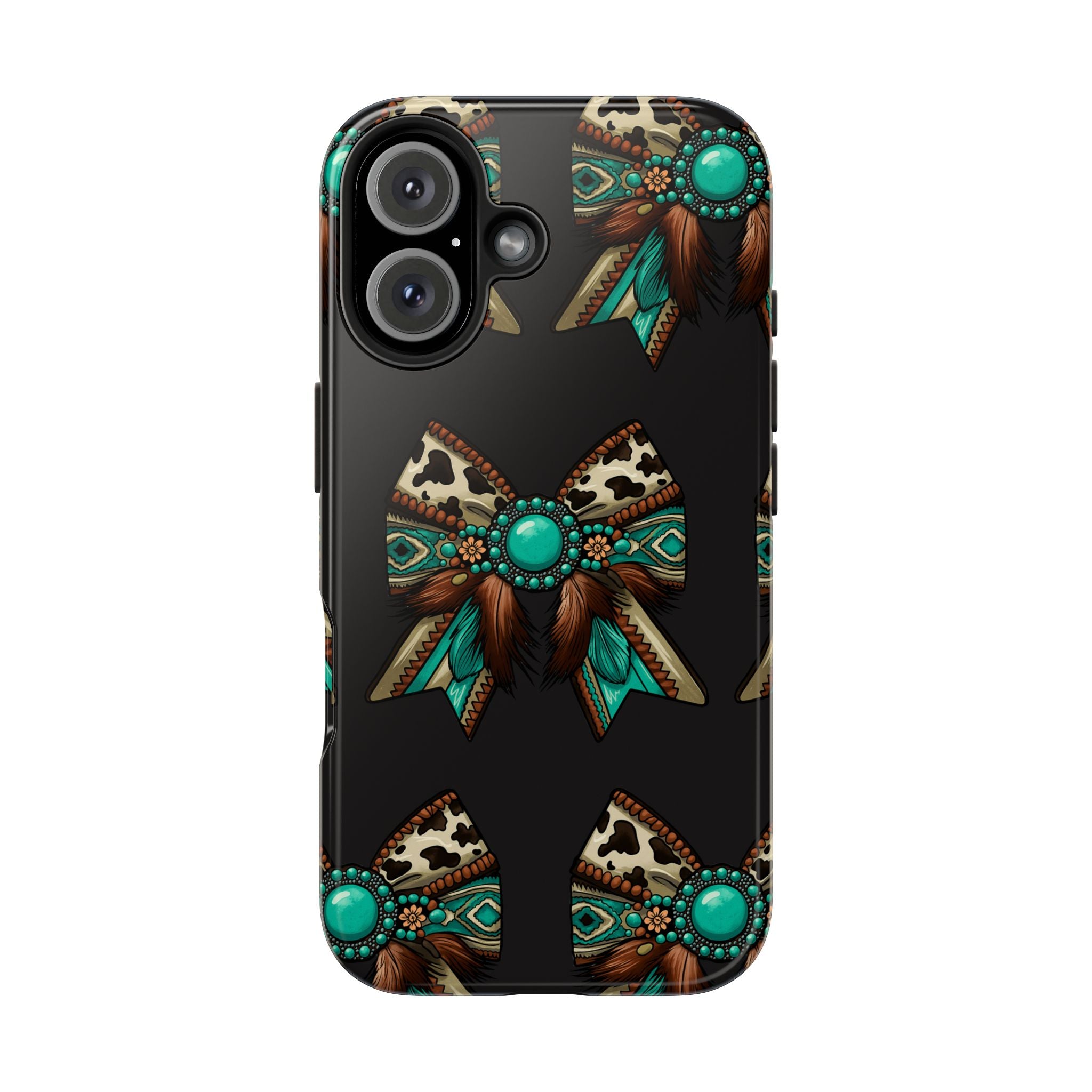 Turquoise Western Bow Tough Phone Case – Cowhide, Feathers & Bead Pattern
