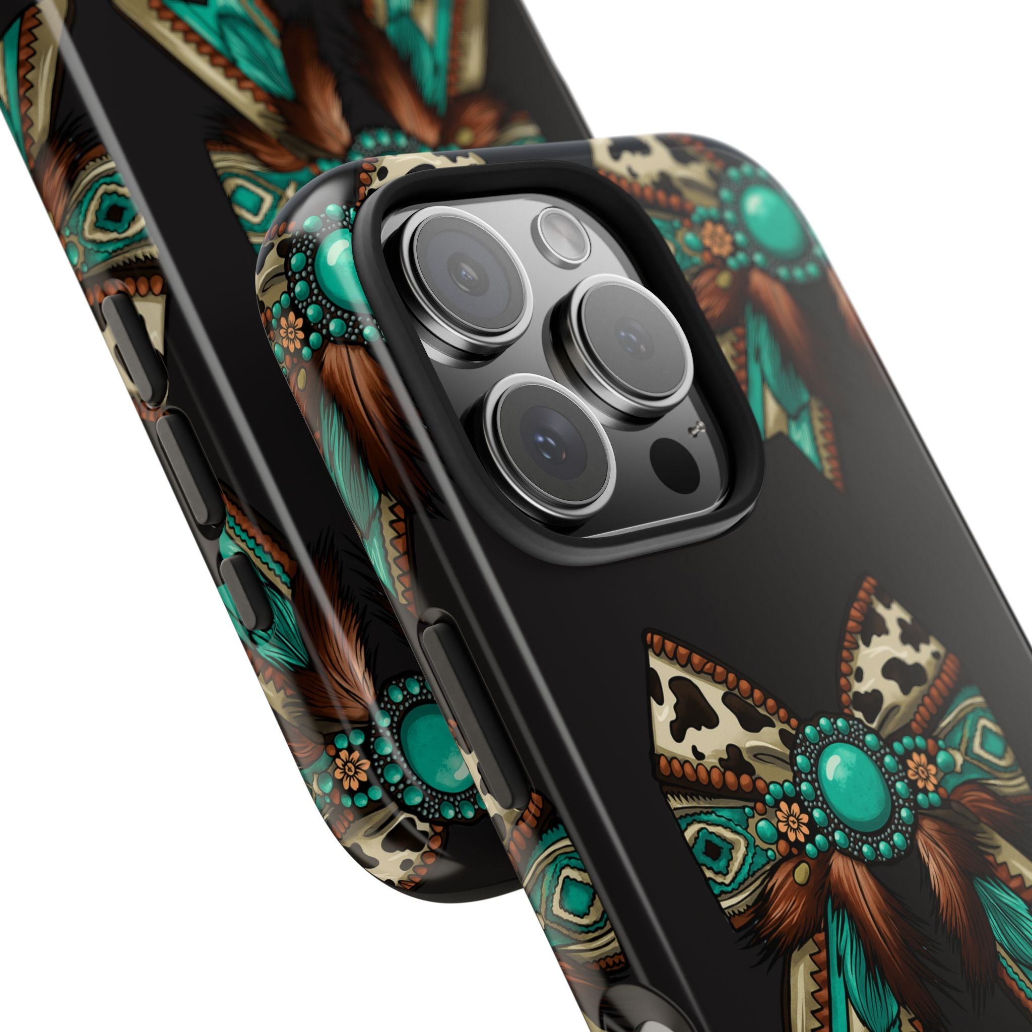 Turquoise Western Bow Tough Phone Case – Cowhide, Feathers & Bead Pattern