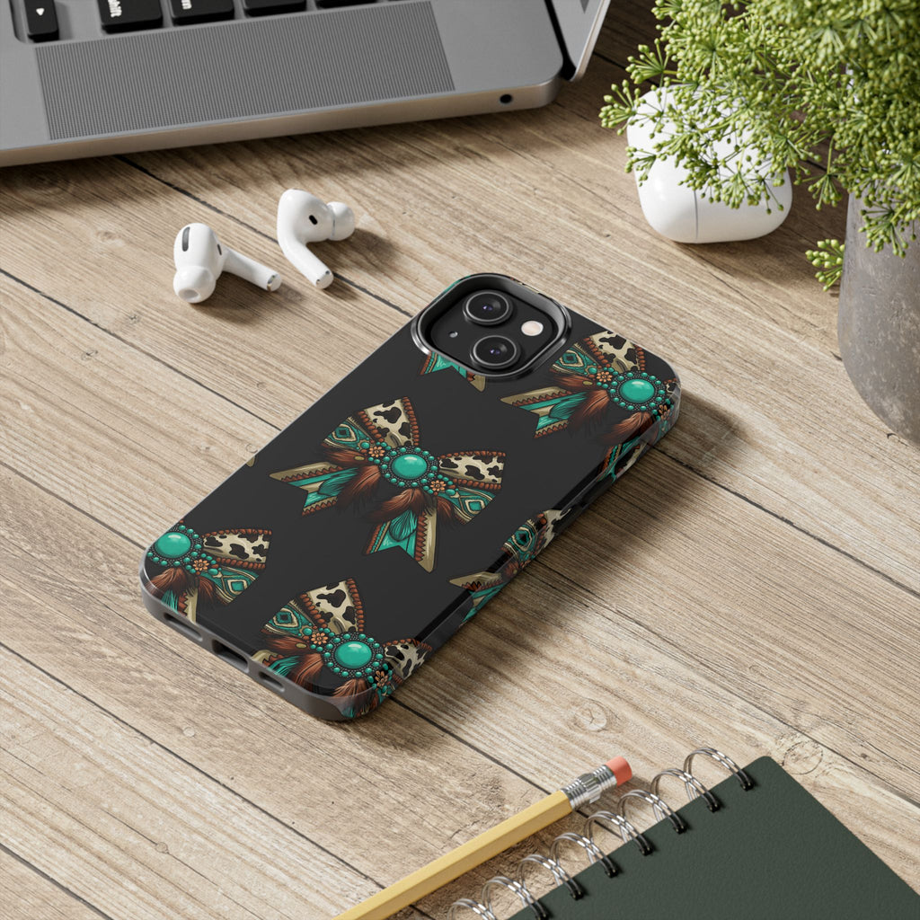 Turquoise Western Bow Tough Phone Case – Cowhide, Feathers & Bead Pattern