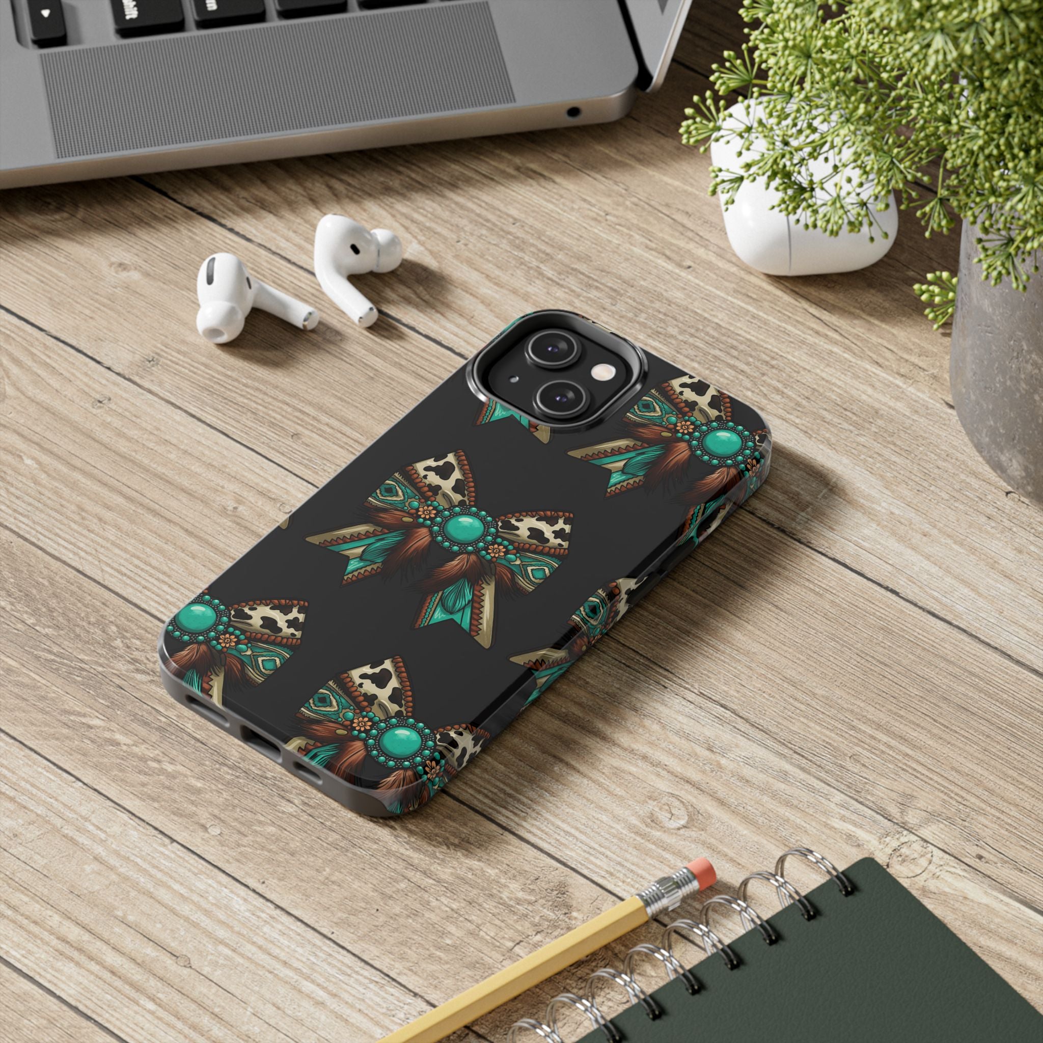 Turquoise Western Bow Tough Phone Case – Cowhide, Feathers & Bead Pattern