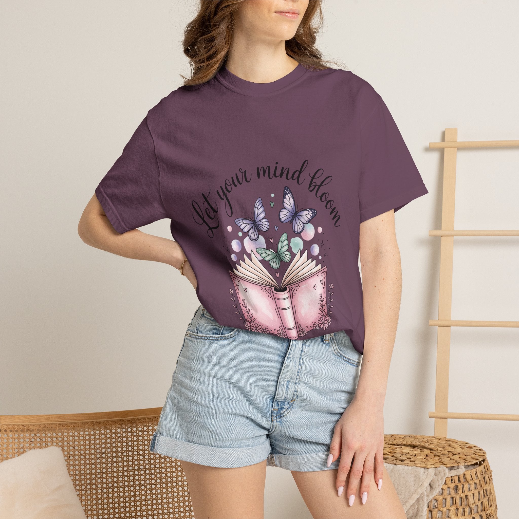 T-Shirt — “Let Your Mind Bloom” Book & Butterflies Graphic Tee