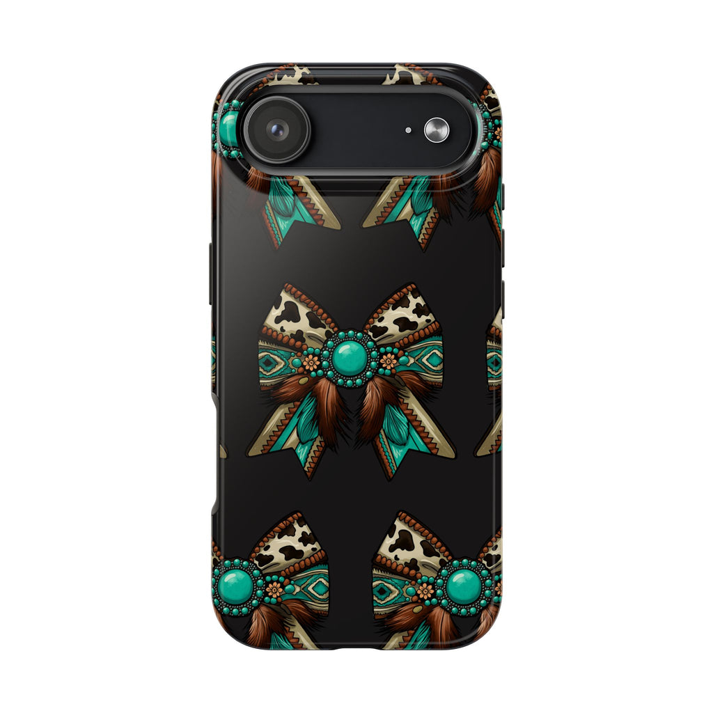 Turquoise Western Bow Tough Phone Case – Cowhide, Feathers & Bead Pattern