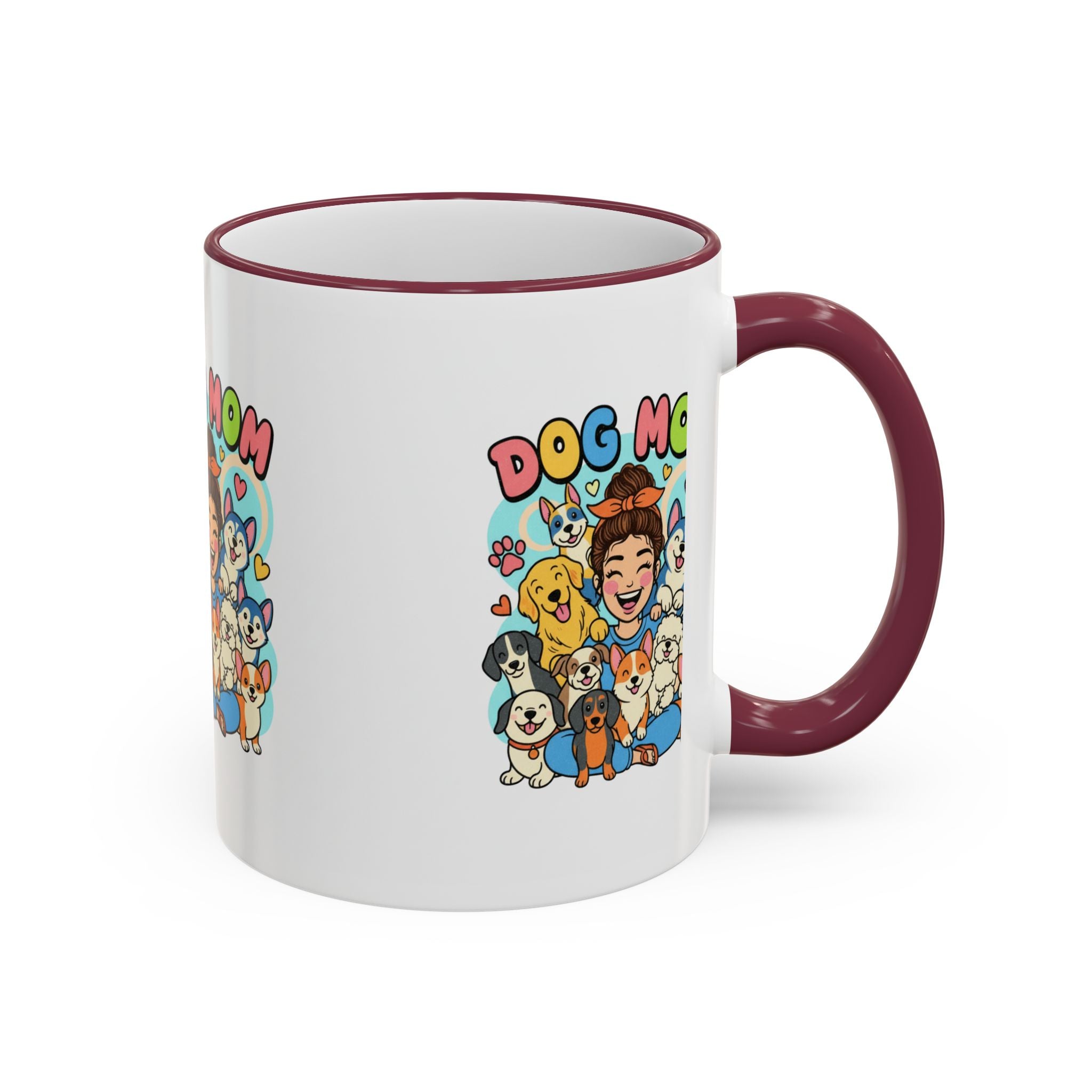 Dog Mom Mug — Cute Cartoon Dogs Accent Rim & Handle Coffee Cup (11oz/15oz)