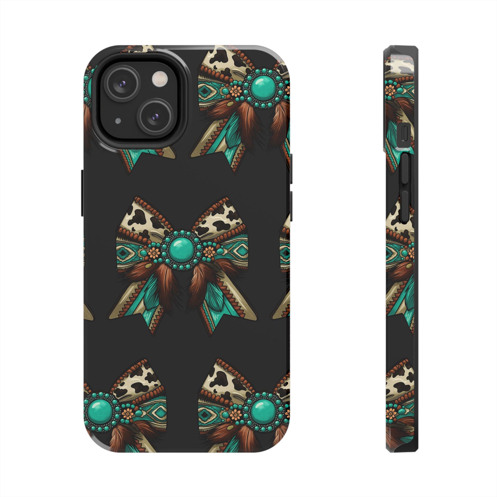 Turquoise Western Bow Tough Phone Case – Cowhide, Feathers & Bead Pattern