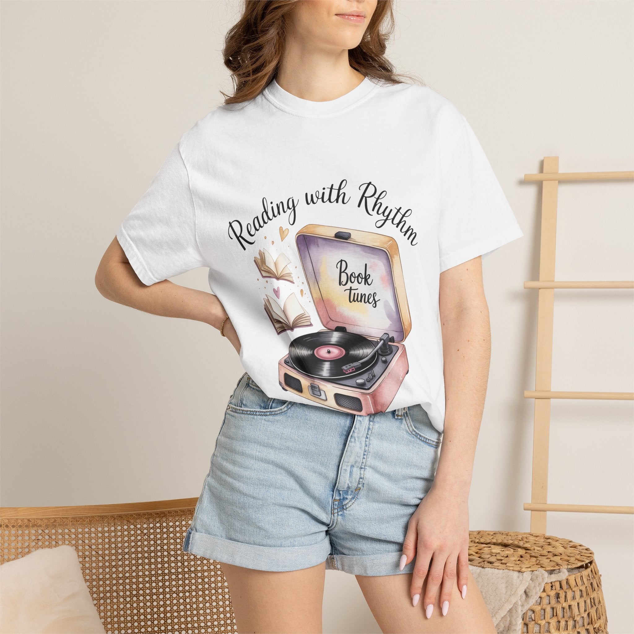 Reading with Rhythm T‑Shirt — Book Tunes Record Player Tee