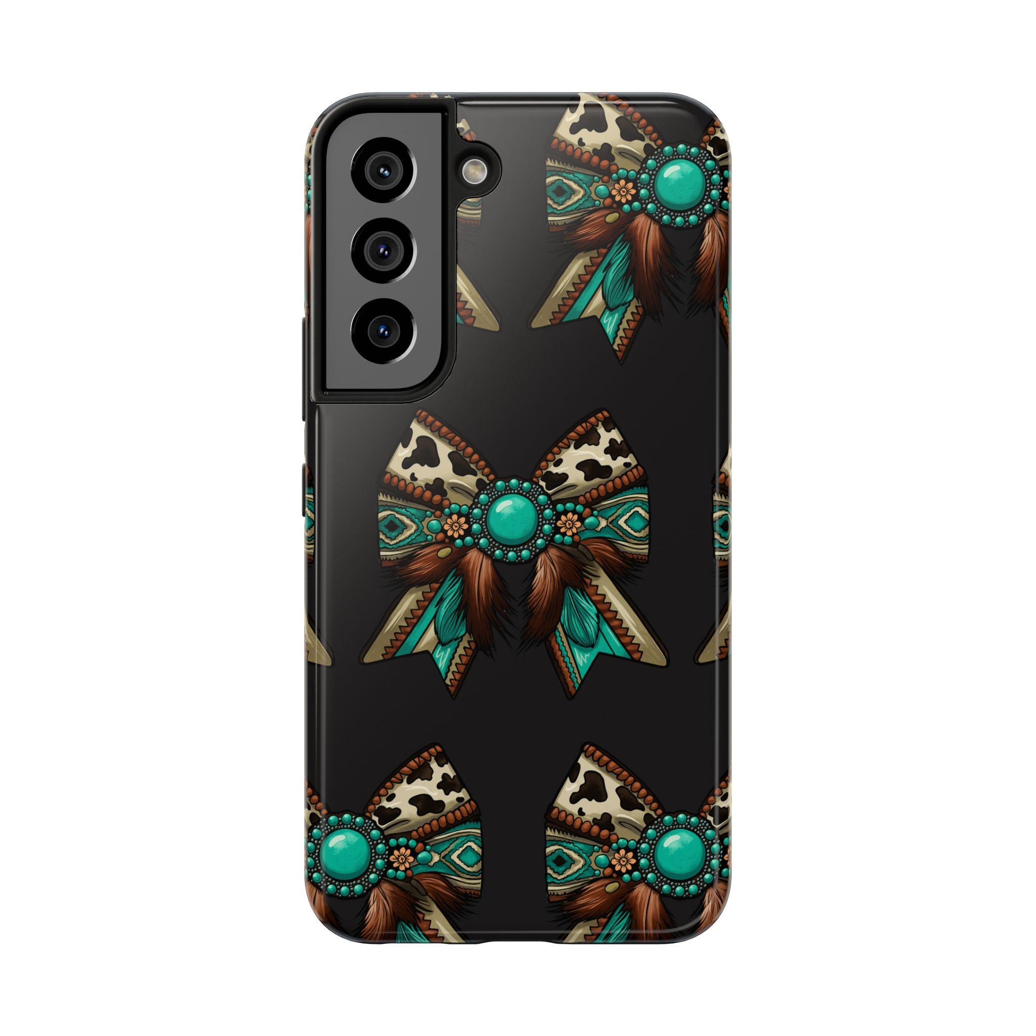 Turquoise Western Bow Tough Phone Case – Cowhide, Feathers & Bead Pattern