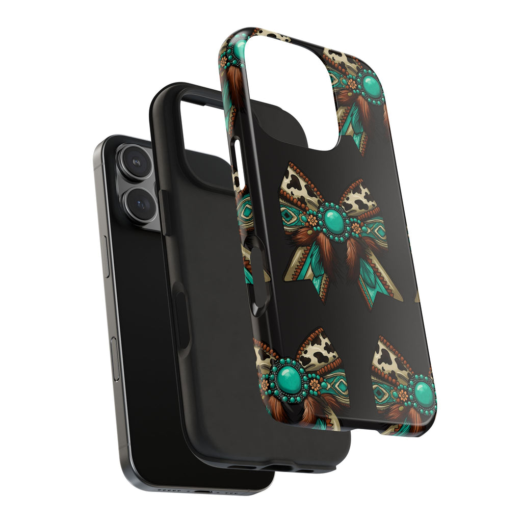 Turquoise Western Bow Tough Phone Case – Cowhide, Feathers & Bead Pattern