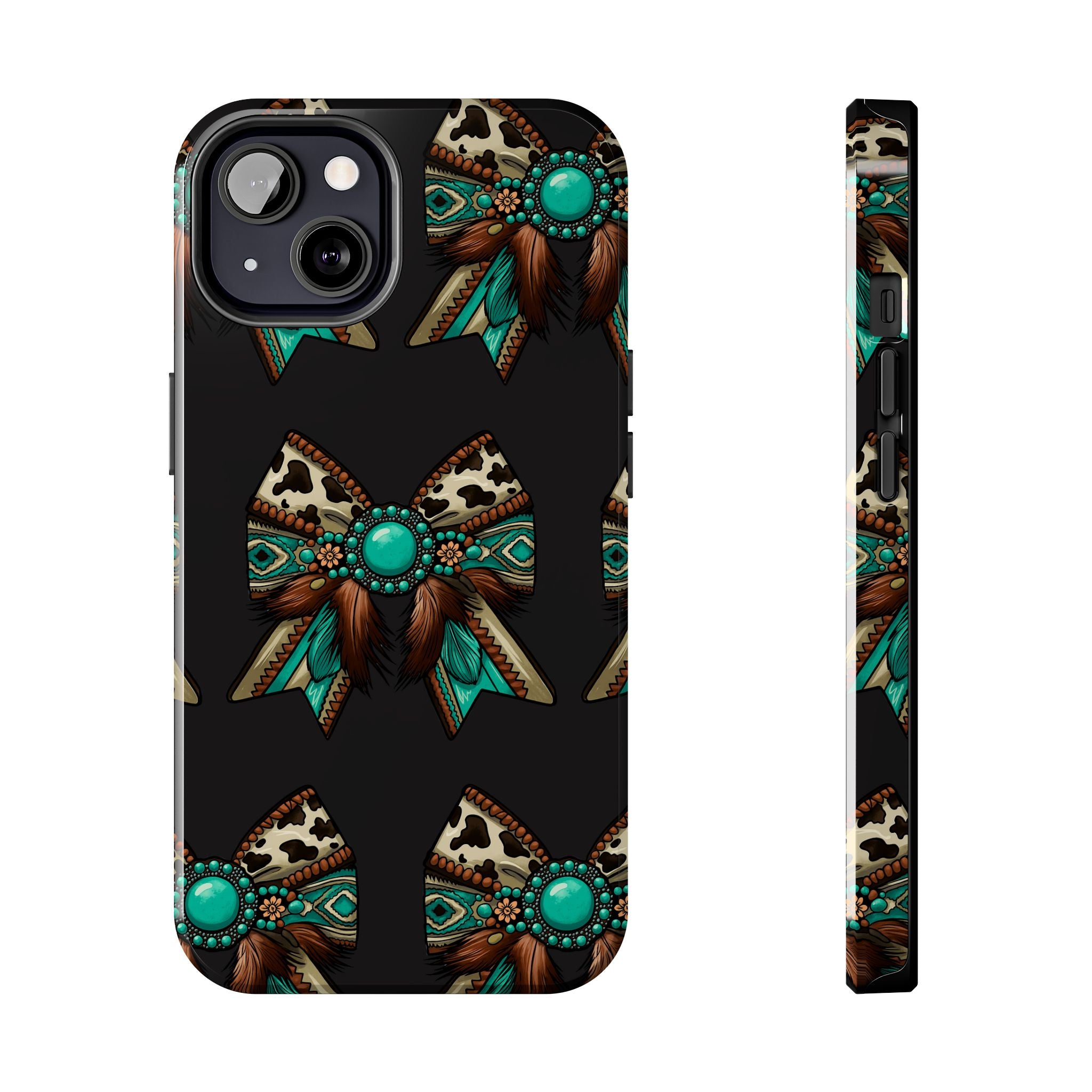 Turquoise Western Bow Tough Phone Case – Cowhide, Feathers & Bead Pattern