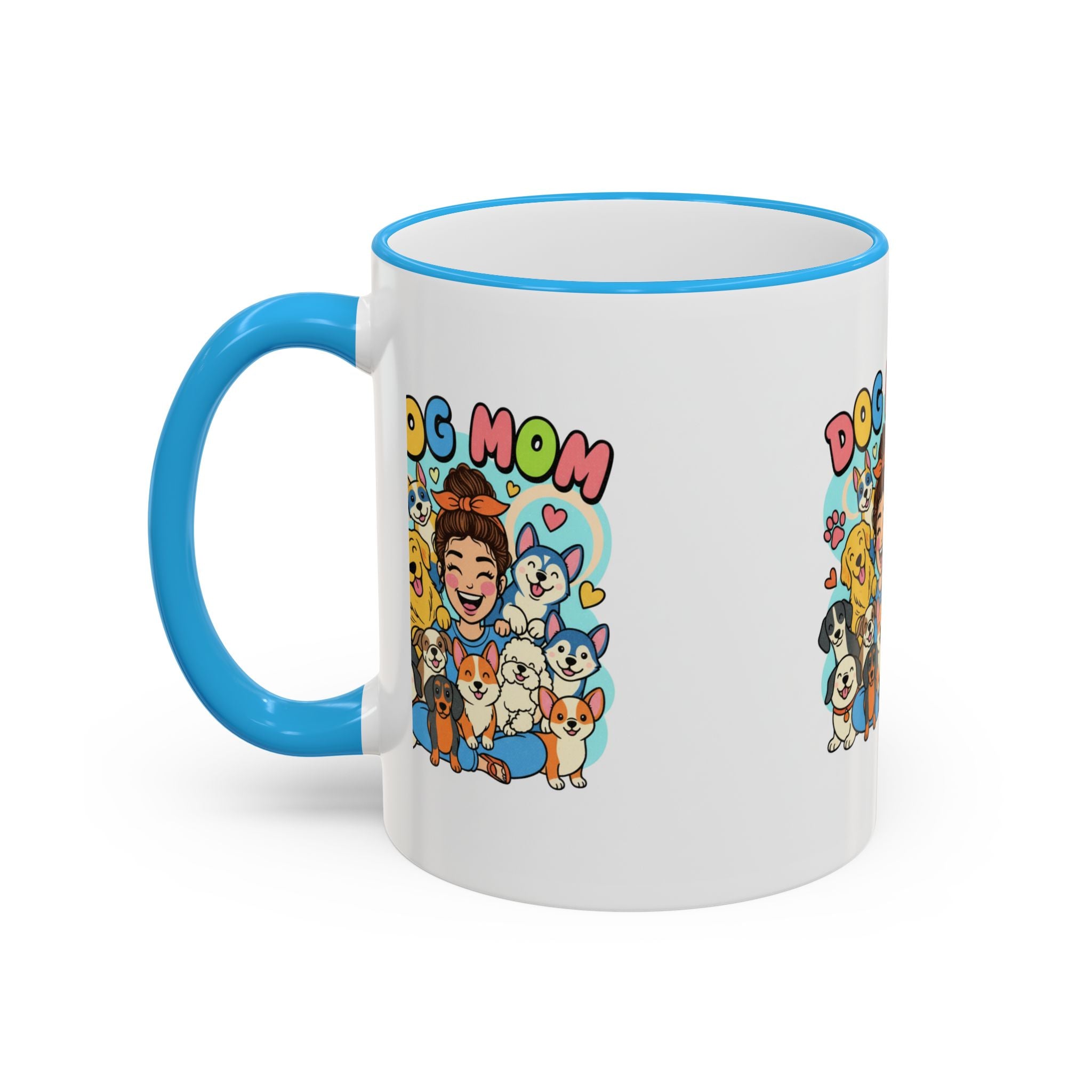 Dog Mom Mug — Cute Cartoon Dogs Accent Rim & Handle Coffee Cup (11oz/15oz)