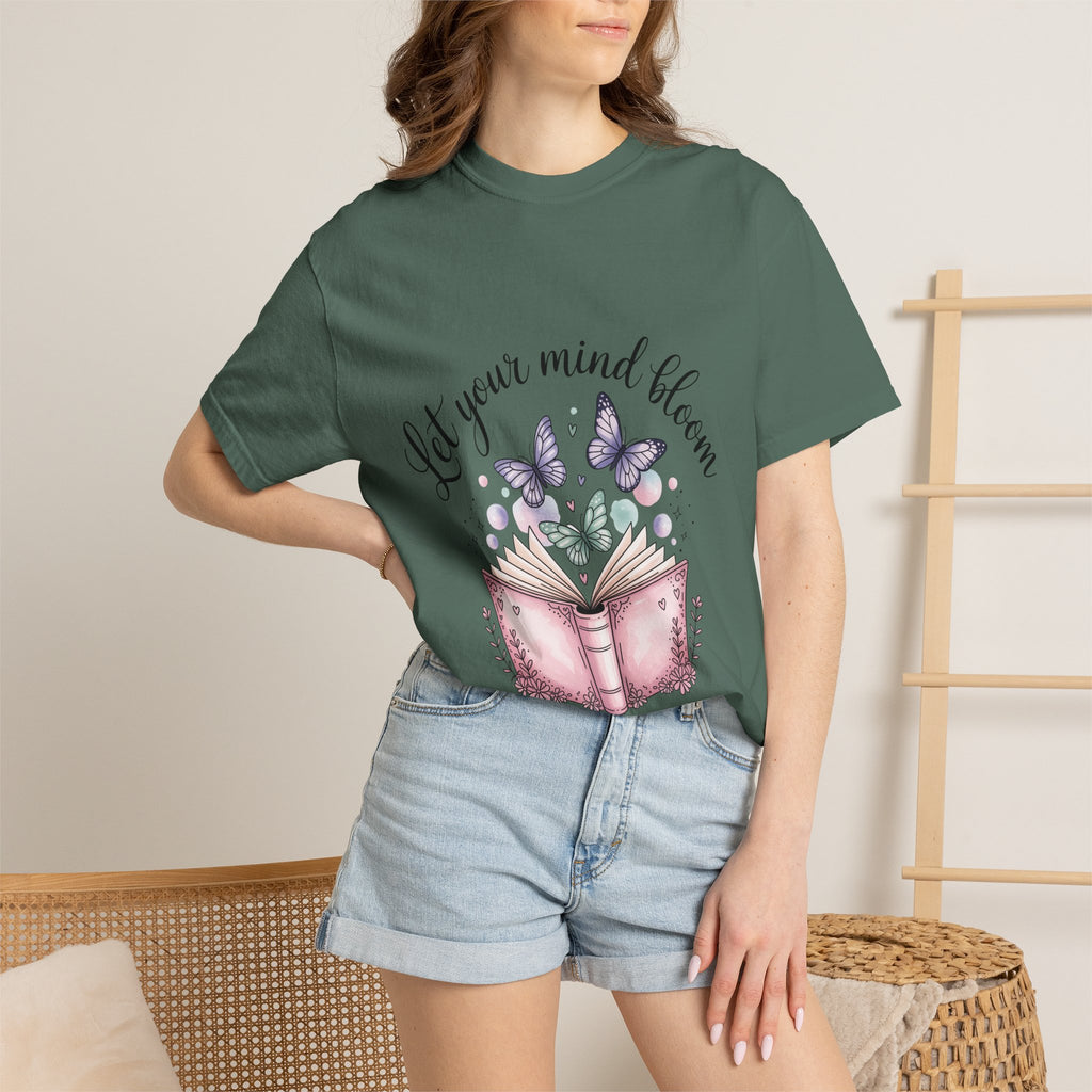 T-Shirt — “Let Your Mind Bloom” Book & Butterflies Graphic Tee