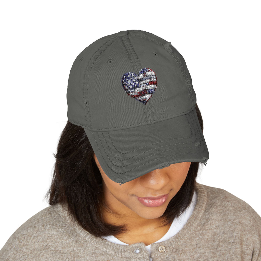 Patriotic Distressed Dad Hat — Embroidered American Flag Heart