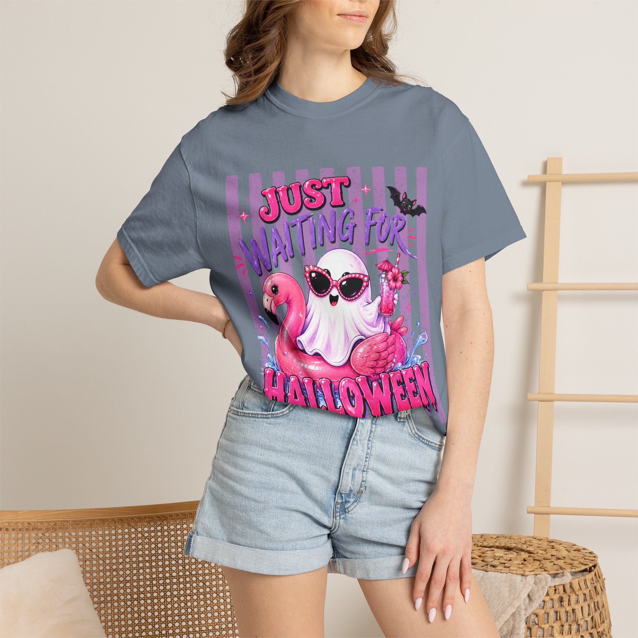 Just Waiting for Halloween T-Shirt — Cute Flamingo Ghost Halloween Tee