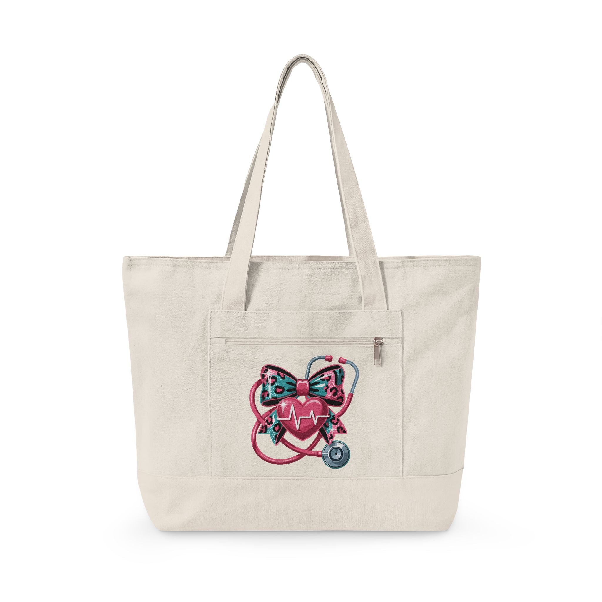 Nurse Heart Stethoscope Canvas Tote — Zippered Medical Tote Bag