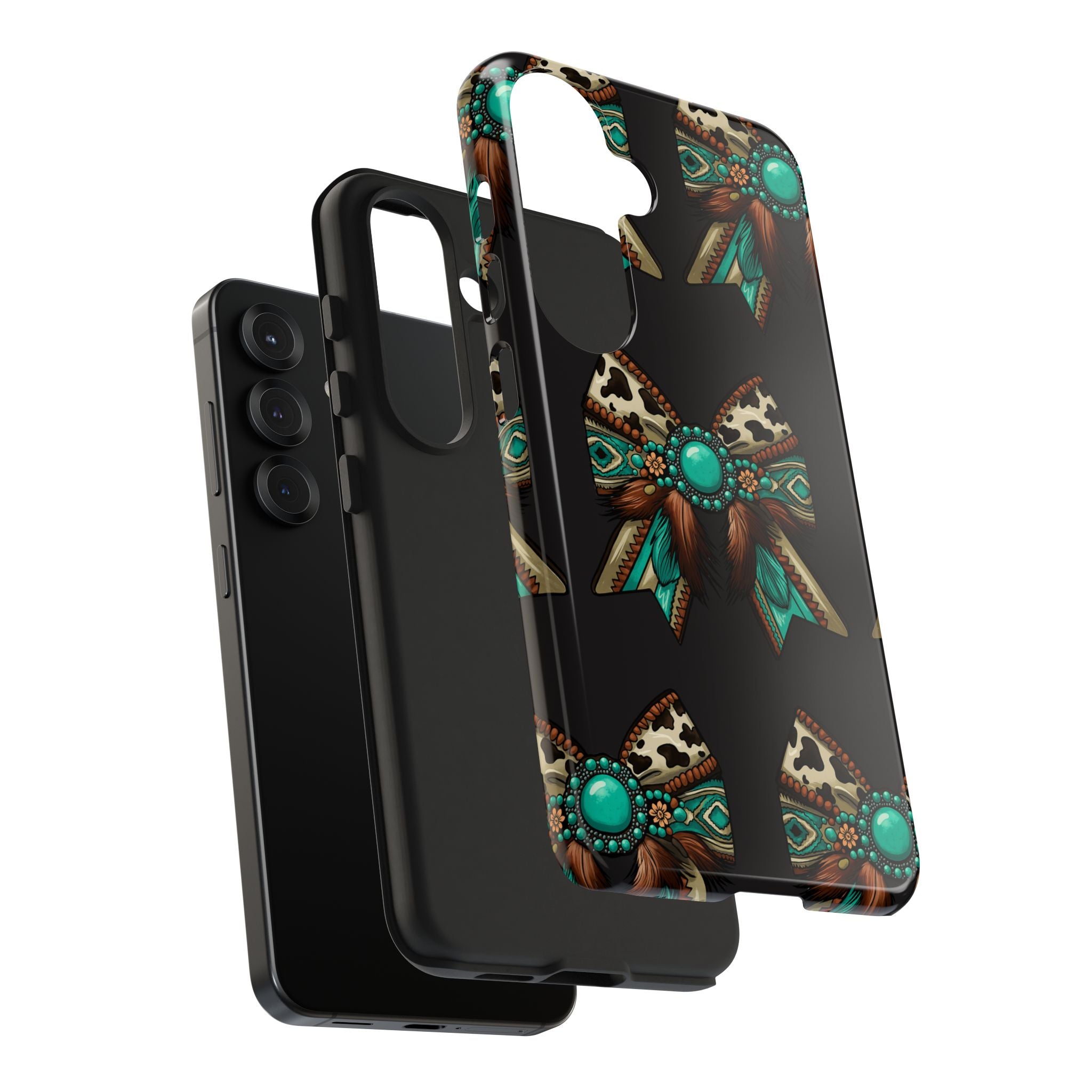Turquoise Western Bow Tough Phone Case – Cowhide, Feathers & Bead Pattern