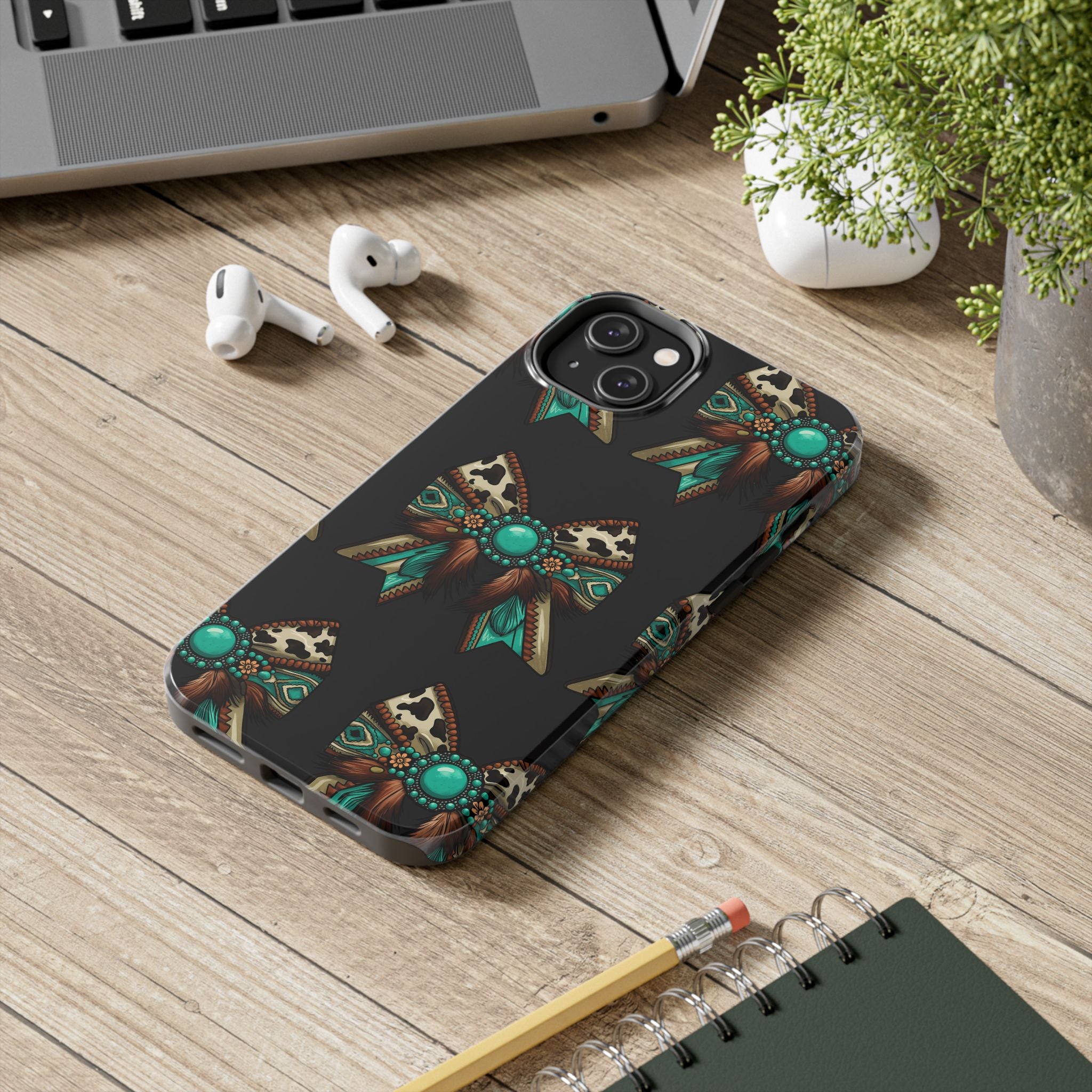 Turquoise Western Bow Tough Phone Case – Cowhide, Feathers & Bead Pattern
