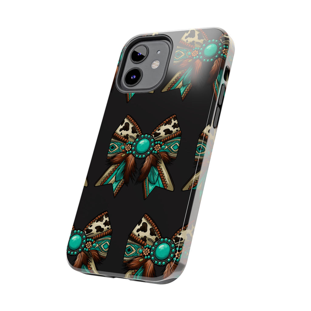 Turquoise Western Bow Tough Phone Case – Cowhide, Feathers & Bead Pattern