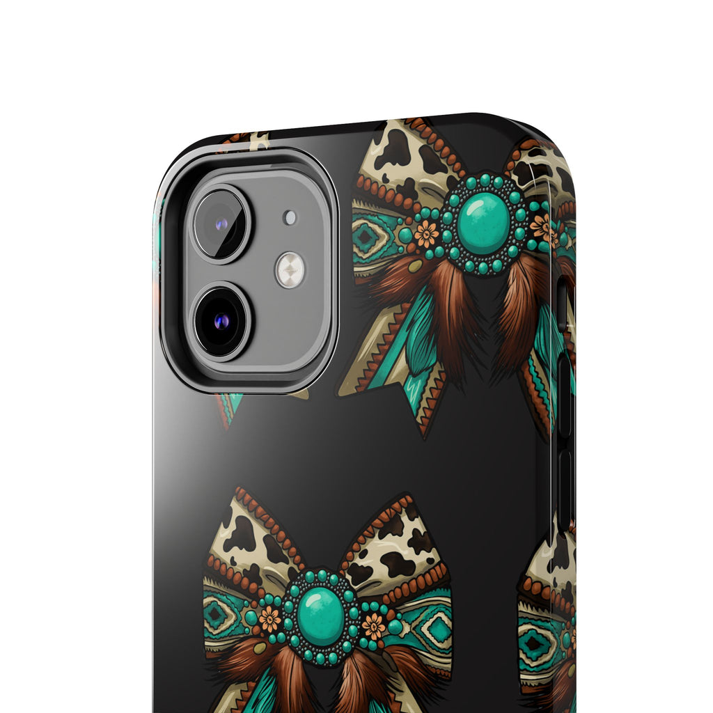 Turquoise Western Bow Tough Phone Case – Cowhide, Feathers & Bead Pattern