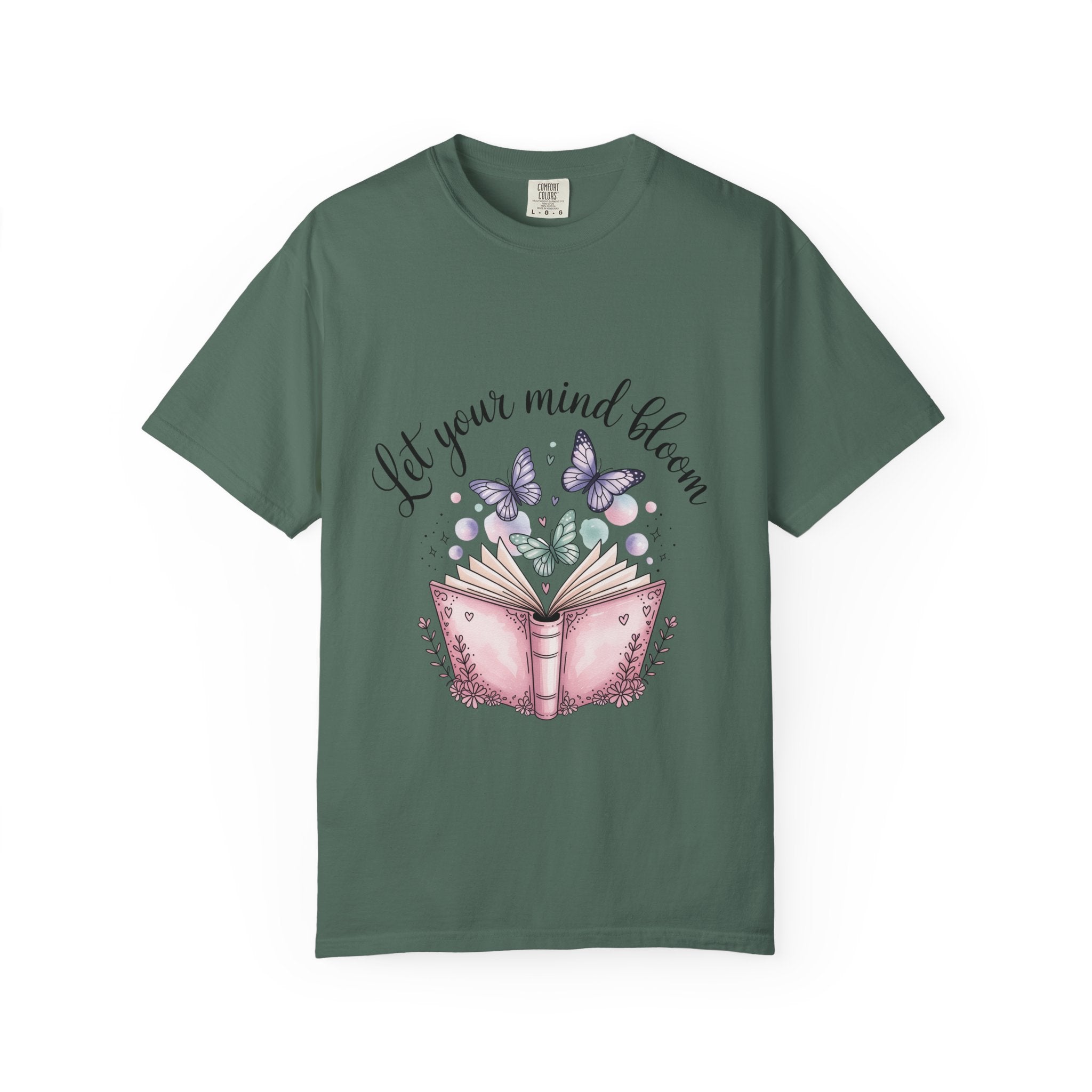T-Shirt — “Let Your Mind Bloom” Book & Butterflies Graphic Tee