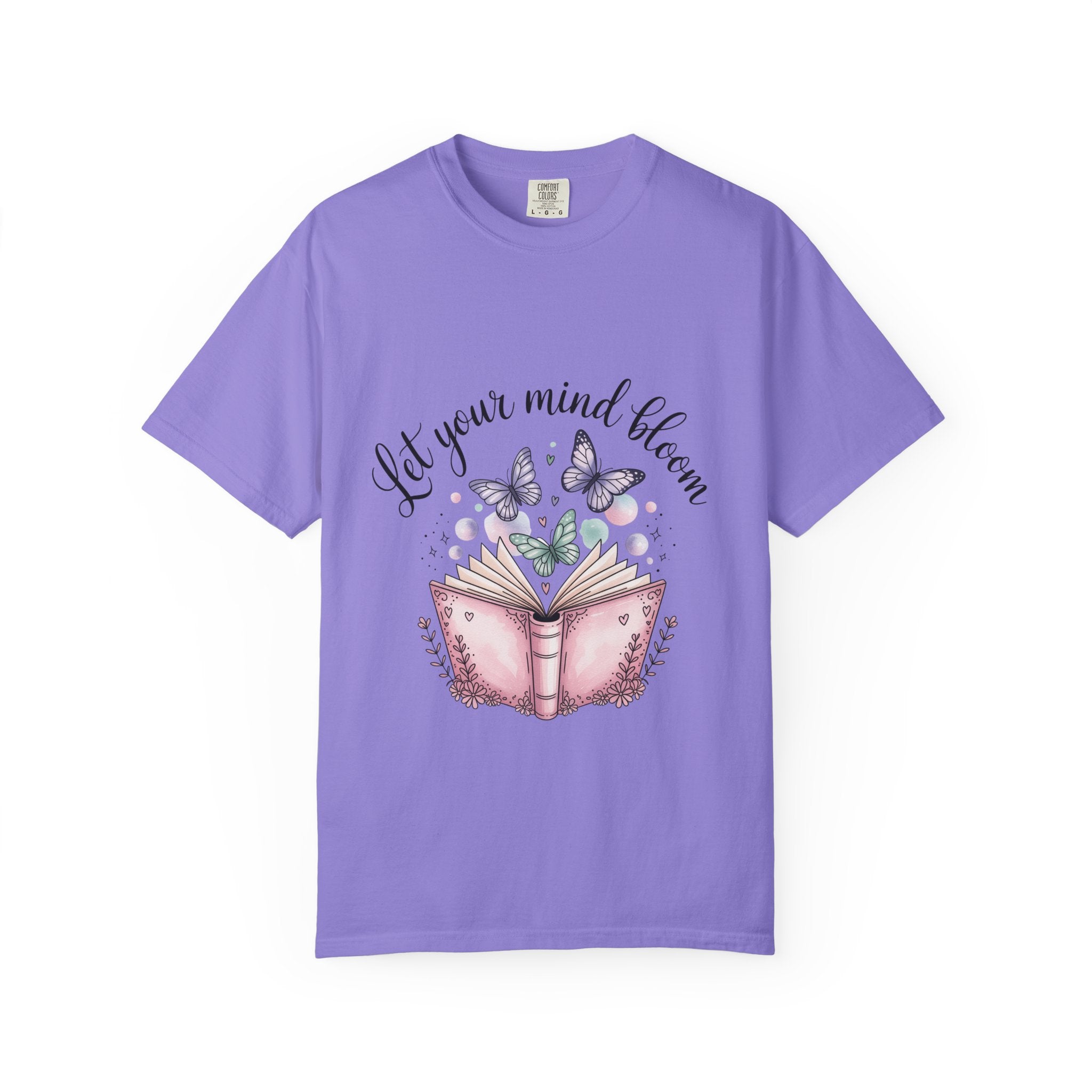 T-Shirt — “Let Your Mind Bloom” Book & Butterflies Graphic Tee